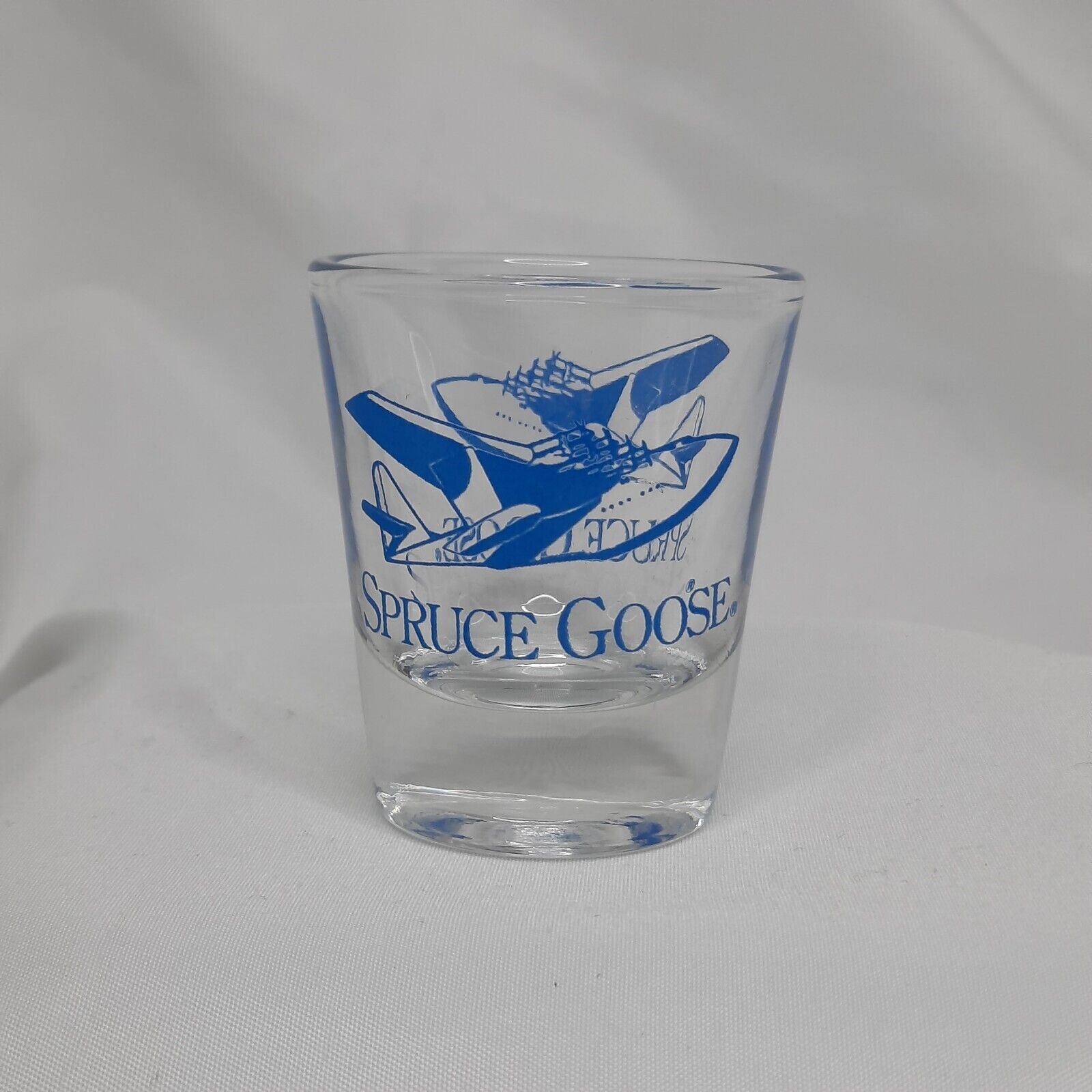 Vintage Shot Glass Souvenir Spruce Goose Clear Glass Blue Writing