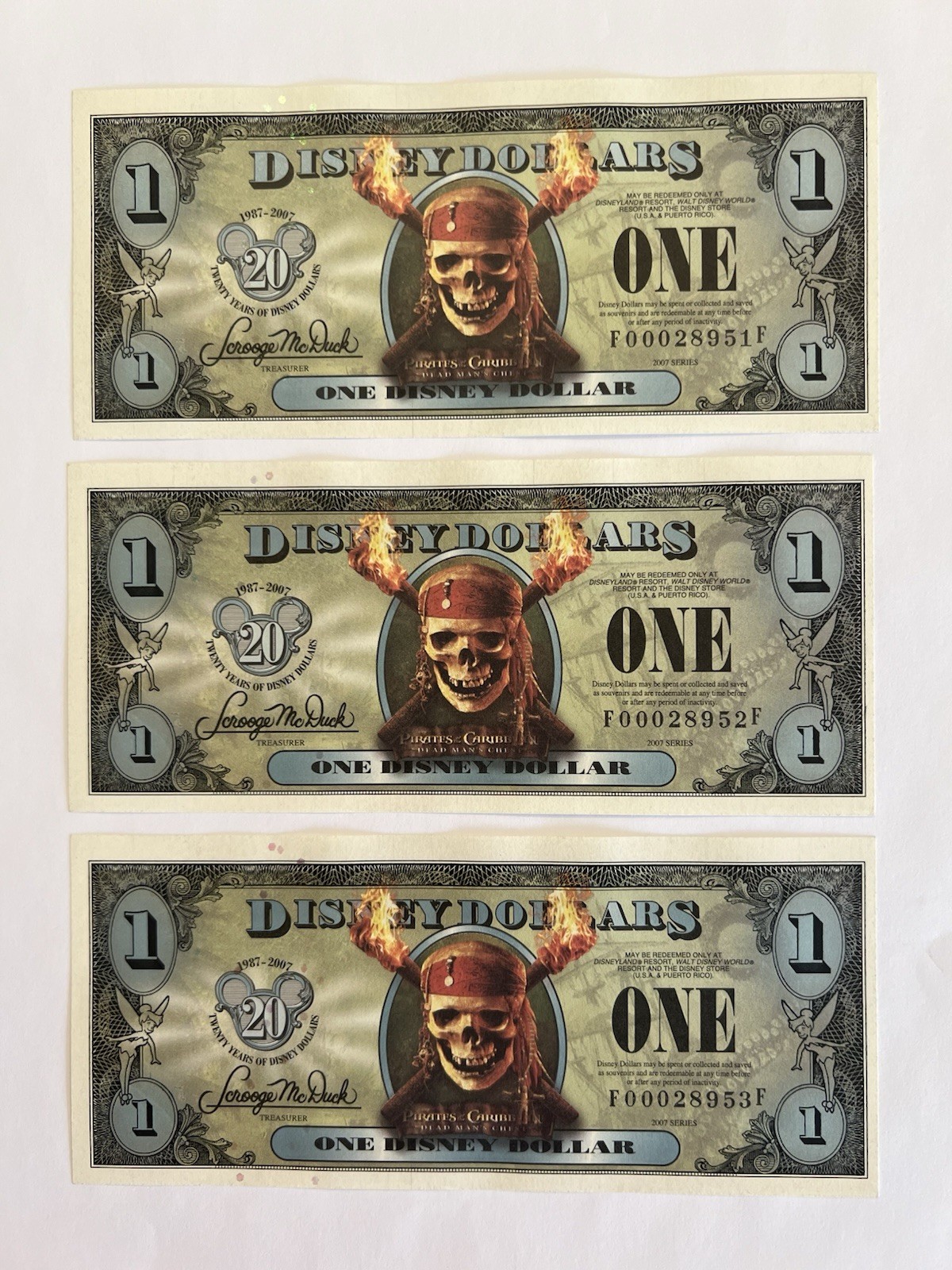 2007 $1 Disney Dollars Pirates Of The Caribbean 3 Consecutive UNC 20th Anniv