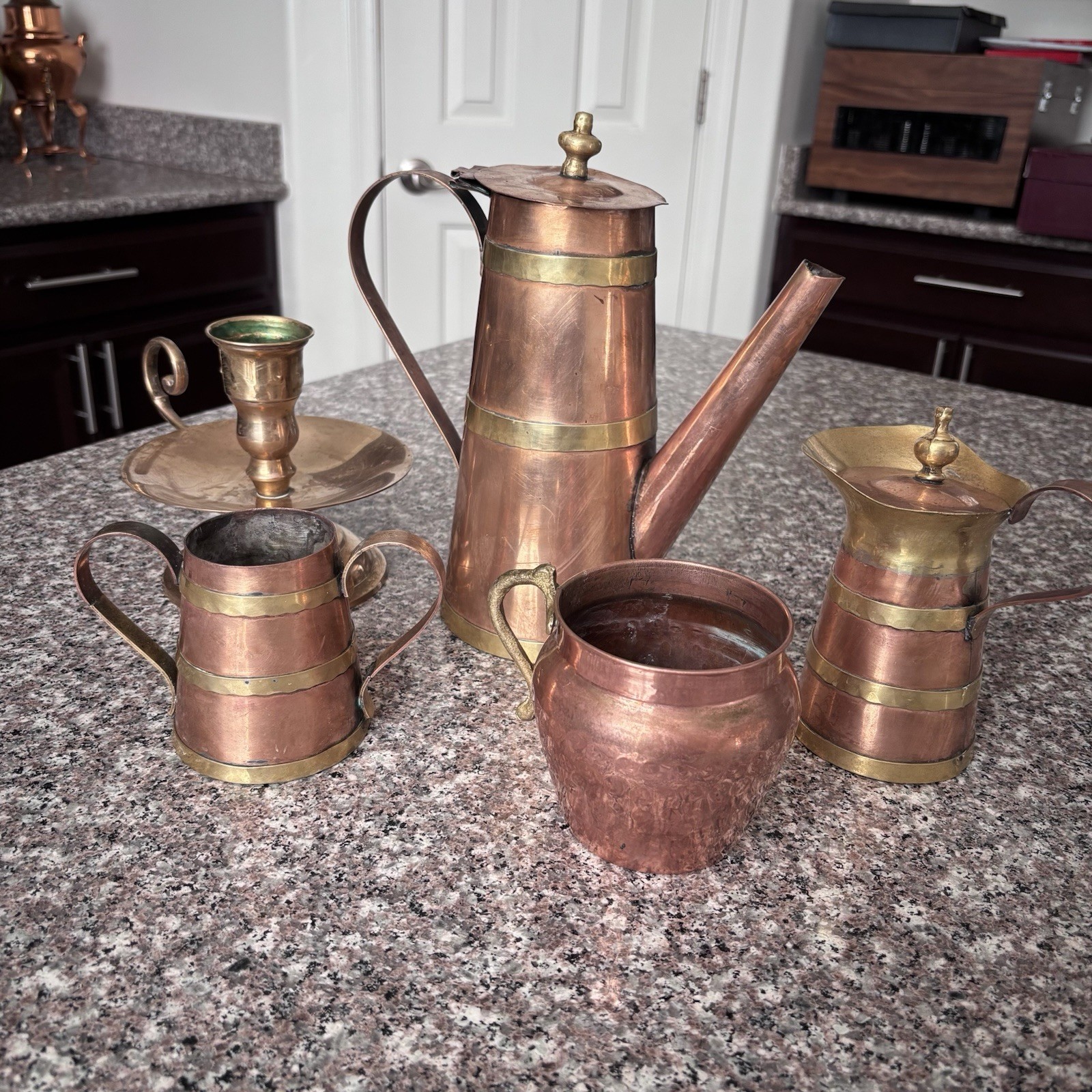 Antique Arts & Crafts Copper Brass Coffee Pot Pitcher Candlestick Set 5pc Lot Antique Arts & Crafts Copper Brass Coffee Pot Pitcher Candlestick Set 5pc Lot