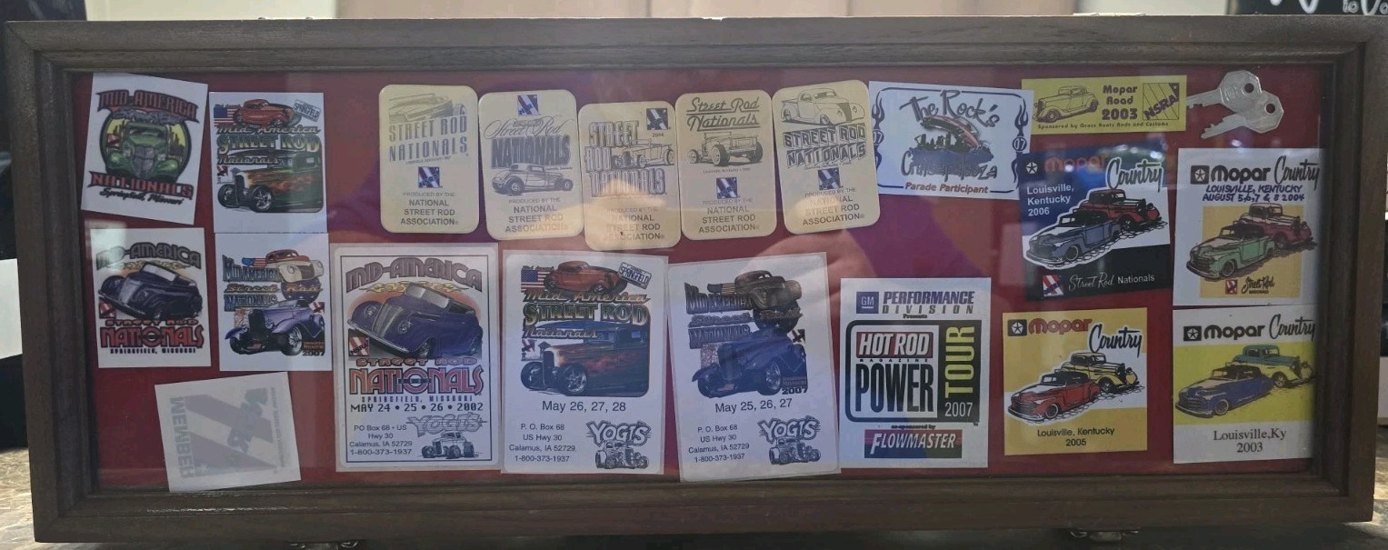 NSRA Street Rod Nationals Gold Dash Plaque\'s and authentic decals in display