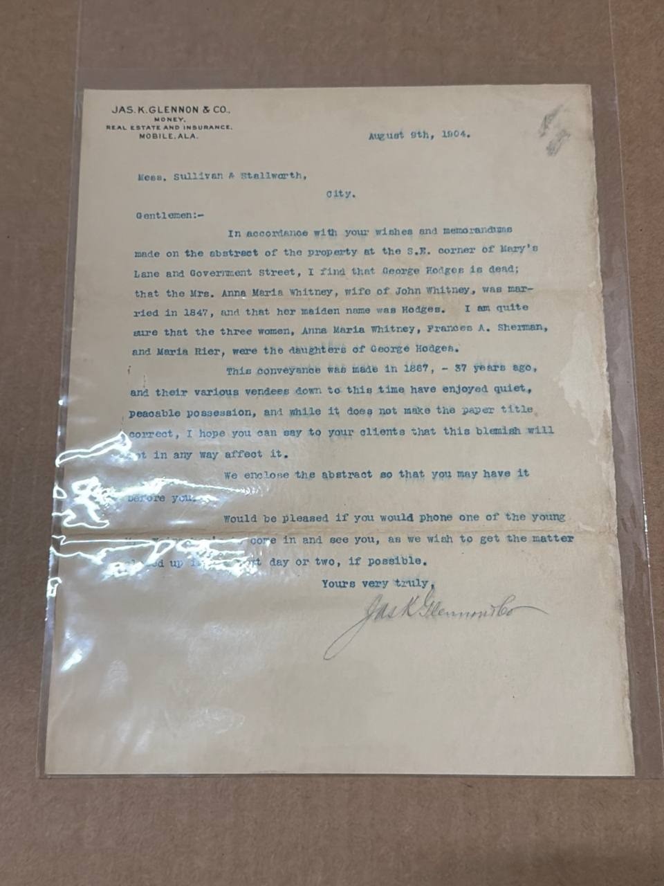 1904 Jas K Glennon Mobile Alabama Real Estate Letterhead Letter
