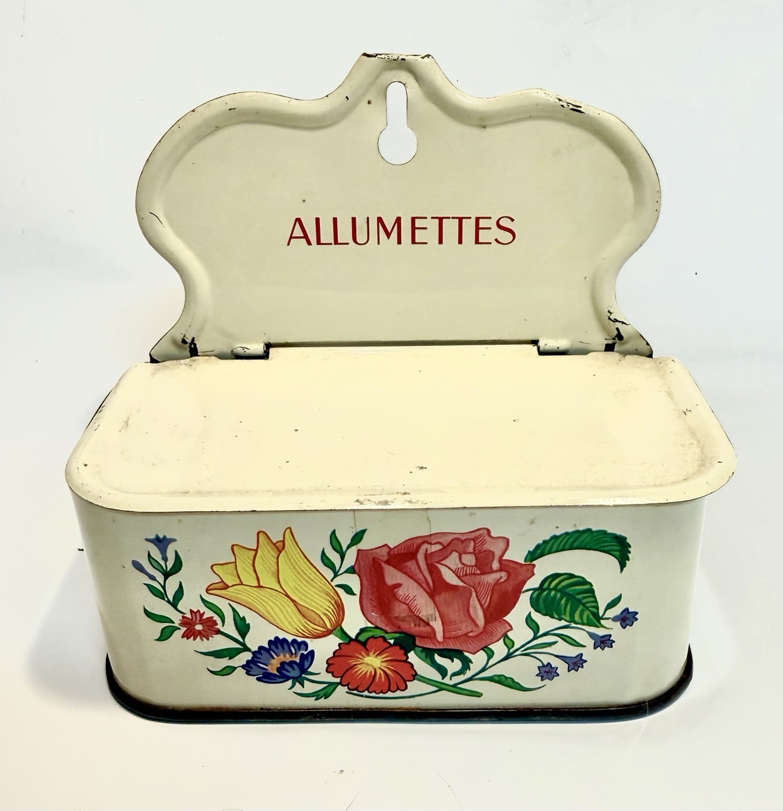 Vintage French Allumettes Match Holder Floral Tin Litho Match Safe Wall Hanging