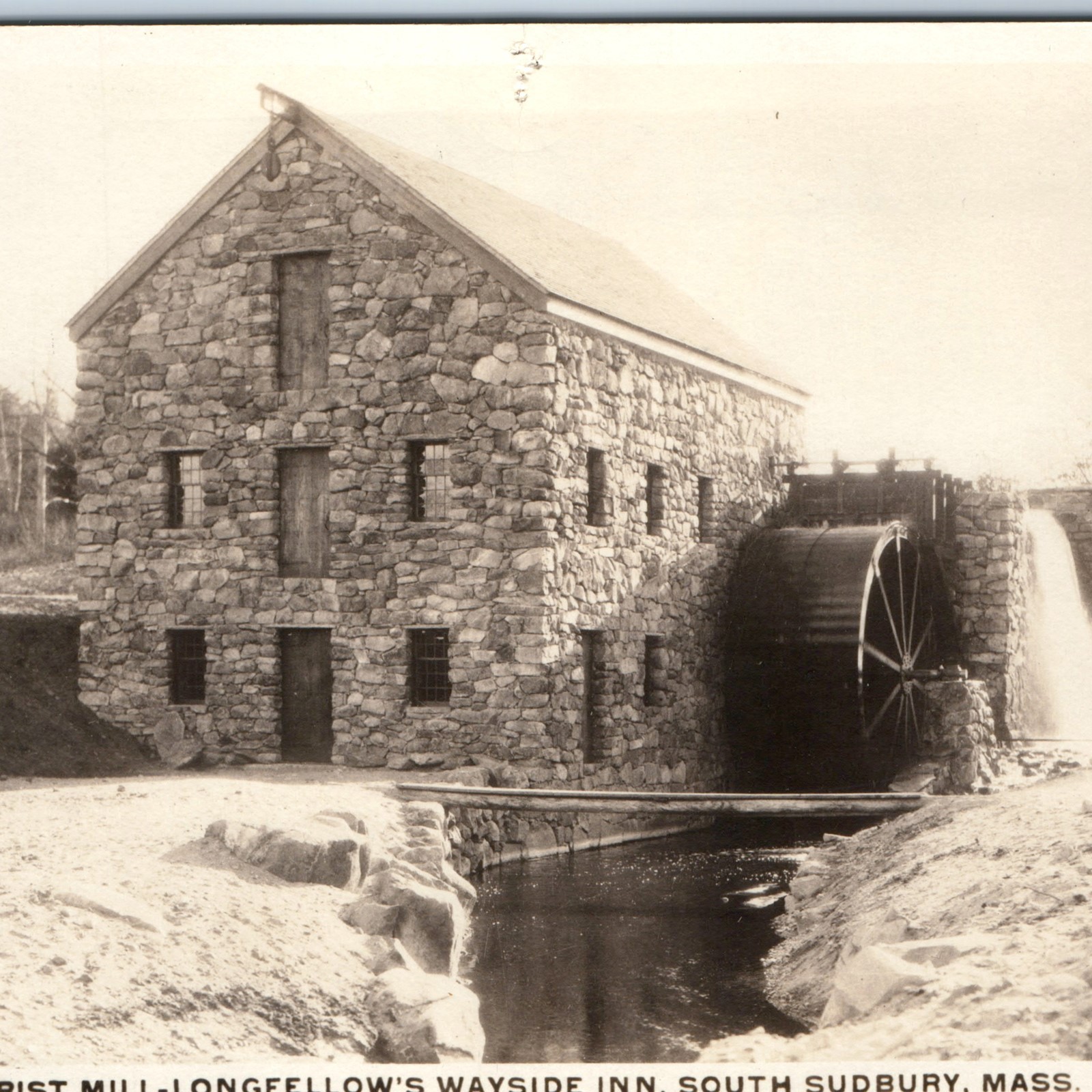 c1930s South Sudbury MA Grist Mill RPPC Longfellow\'s Wayside Inn Waterwheel PC