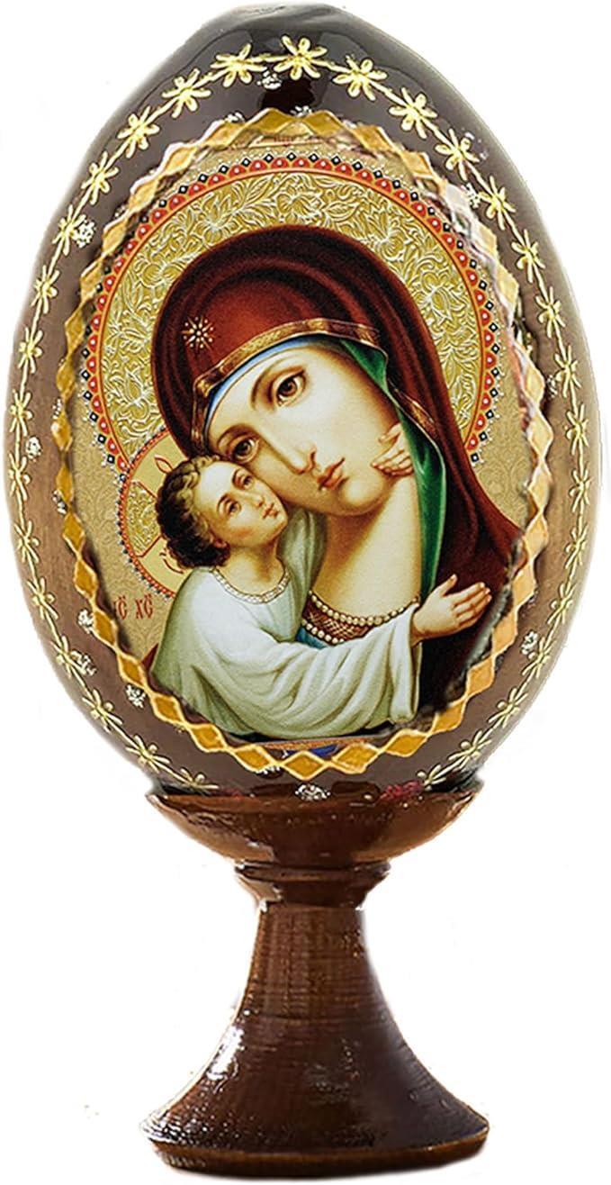 Sweet Kissing Wooden Greek Icon Egg With Simple Stand for Home Decor 4.25 In