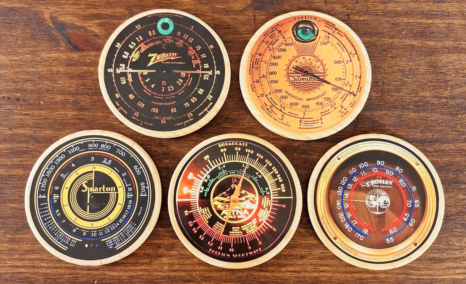 New Set of 5 Old Antique Wood Vintage Tube Radio Dial Coasters - Zenith Crosley+ New Set of 5 Old Antique Wood Vintage Tube Radio Dial Coasters - Zenith Crosley+