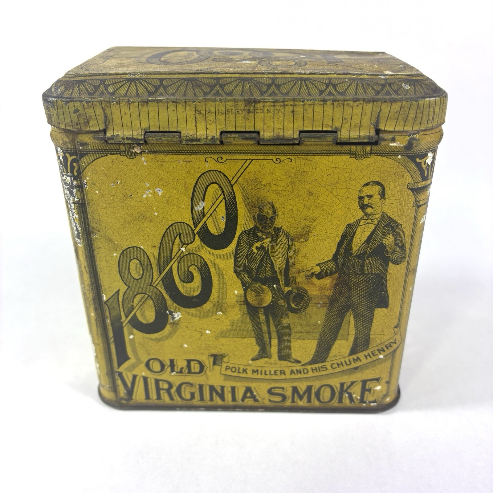 Antique 1860 \'Old Virginia Smoke\' Tobacco Tin Can Polk Miller & Chum Henry RARE