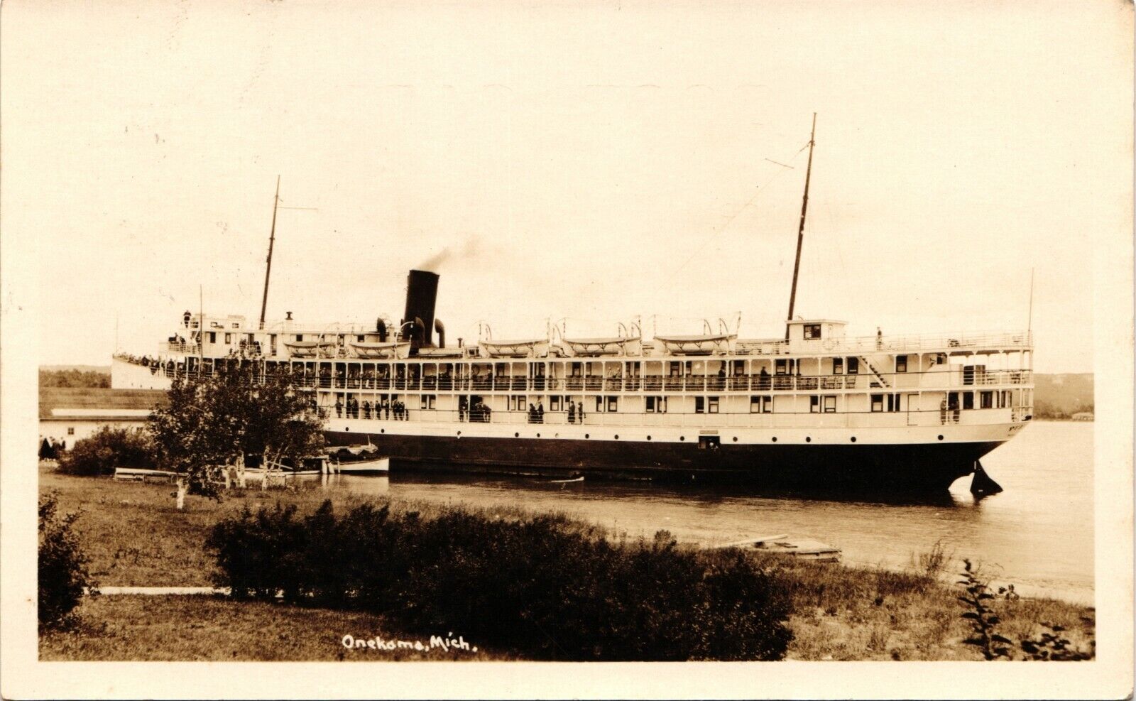 STEAMER LANDING onekama mi real photo postcard rppc steamboat michigan history