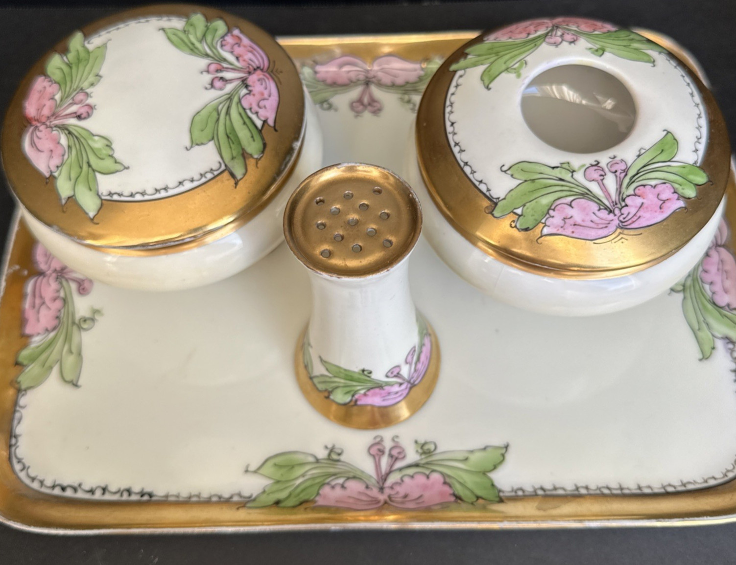 Antique M Z Royal Austria Porcelain Vanity Dresser Set Gold Hand Painted Bavaria