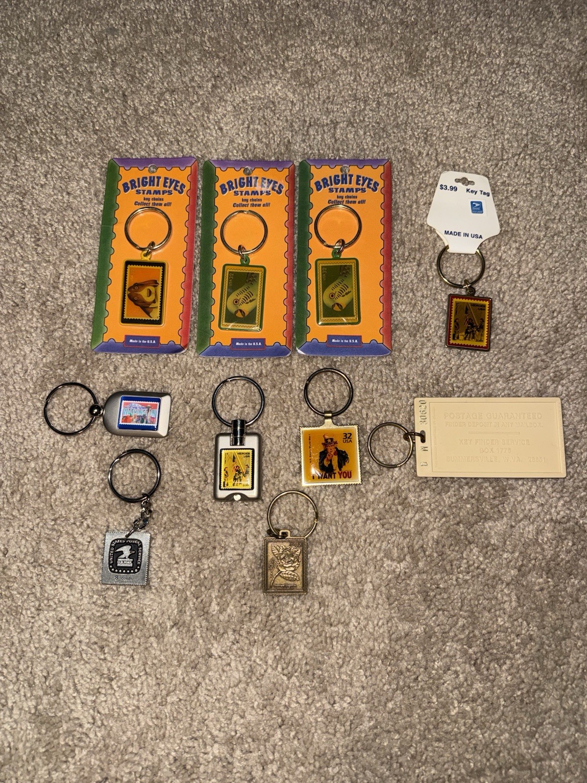 Lot Of 10 Vintage USPS Postal Stamp Keychains