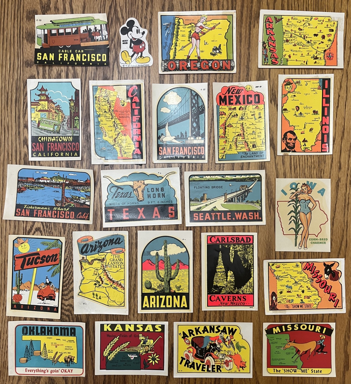 1960's Vintage Lot Of 22 USA Tourist Travel Decals and Mickey Mouse sticker