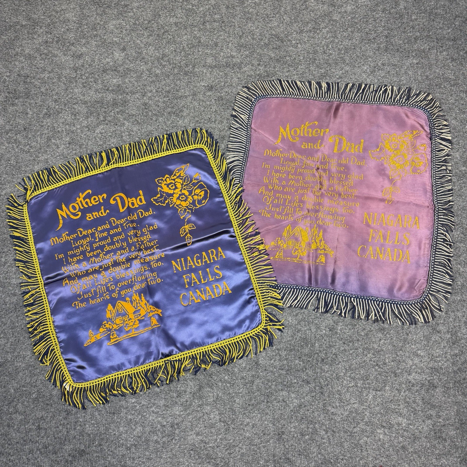 Vintage Niagara Falls Canada Mother Dad Satin Souvenir Pillow Covers Pair Fringe
