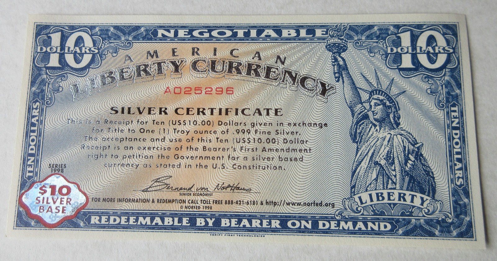 NORFED Early Rare 1998 Series $10 Liberty Currency Silver Certificate Note NORFED Early Rare 1998 Series $10 Liberty Currency Silver Certificate Note