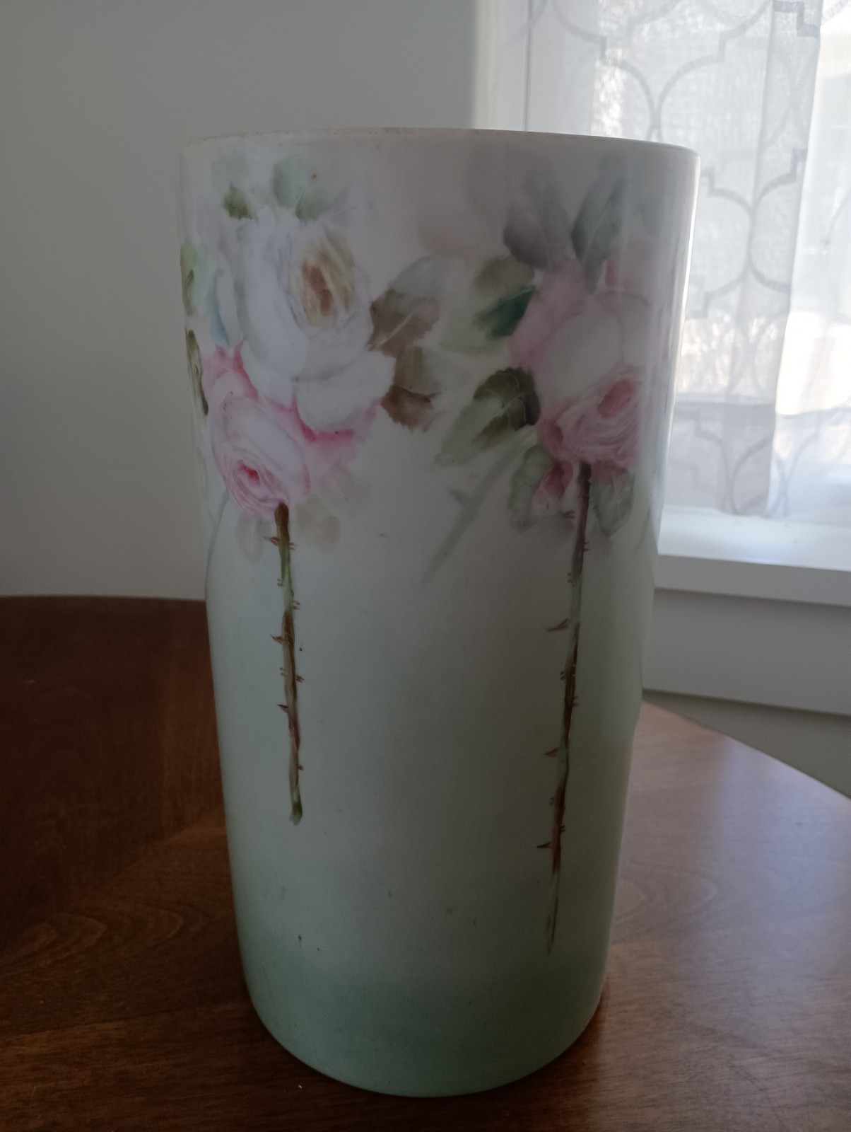 Antique Limoges Tall Victorian Vase, Pink & White Roses, Signed By Artist,   10