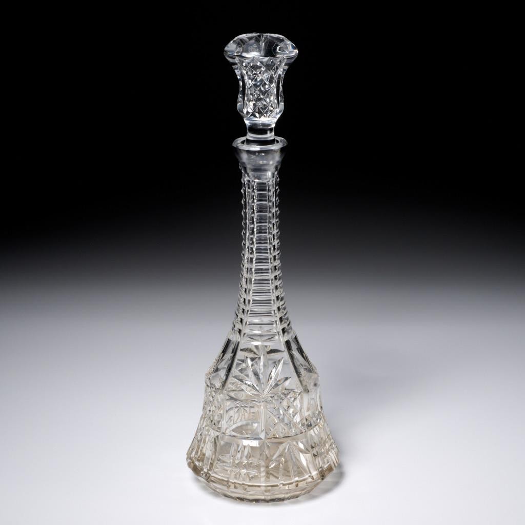 Long Neck Cut Crystal Decanter With Stopper Clear Faceted Body And Matching Top