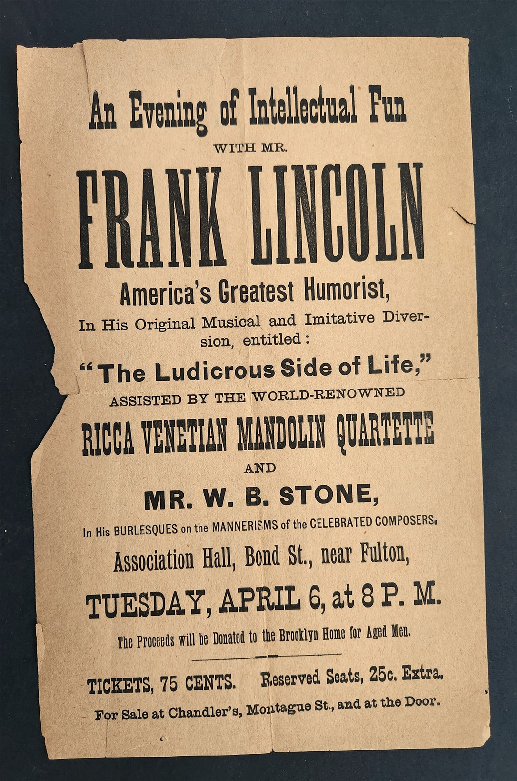 1886 antique FRANK LINCOLN brooklyn ny HUMORIST MUSICAL handbill broadside