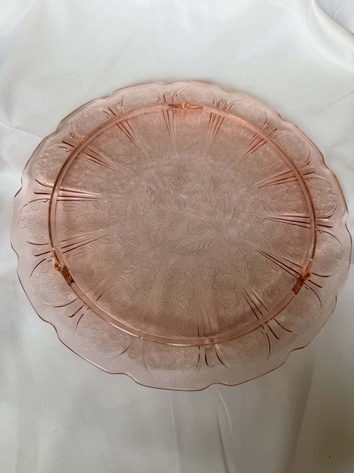 Vintage 1930s Jeannette Pink Depression Glass Cake Plate Cherry Blossom 10.25”