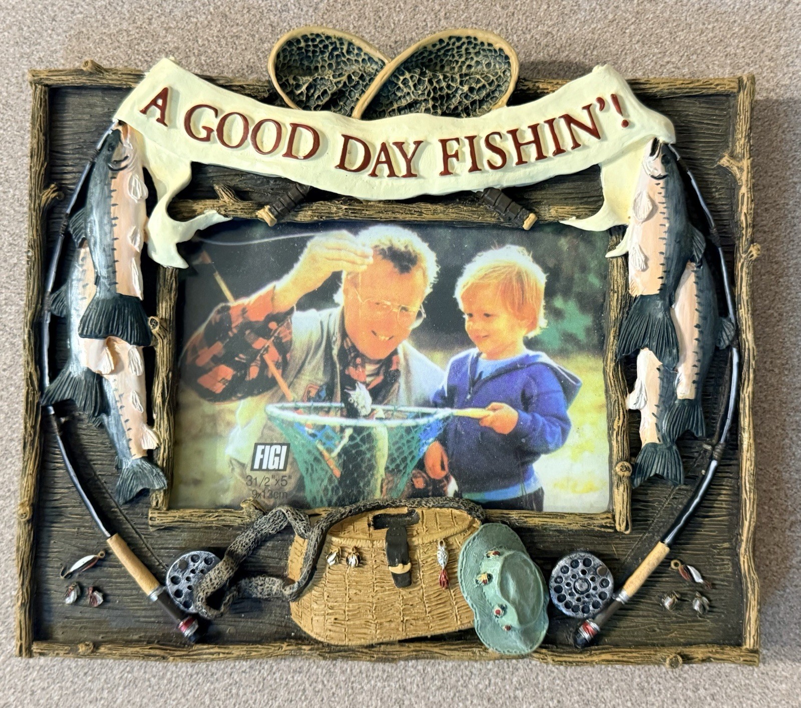 NOS Vintage FIGI 3D Fishing Photo Frame 3.5x5 Good Day Fishin Resin Rustic NOS Vintage FIGI 3D Fishing Photo Frame 3.5x5 Good Day Fishin Resin Rustic