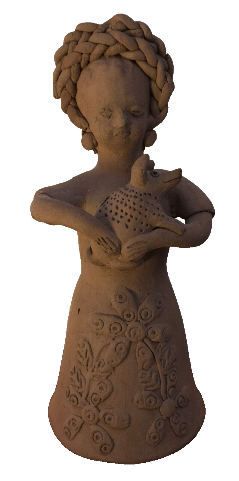 Mexican Folk Art Clay Statue Peasant Girl w Piglet VTG Rustic Farm Décor 9.5 In