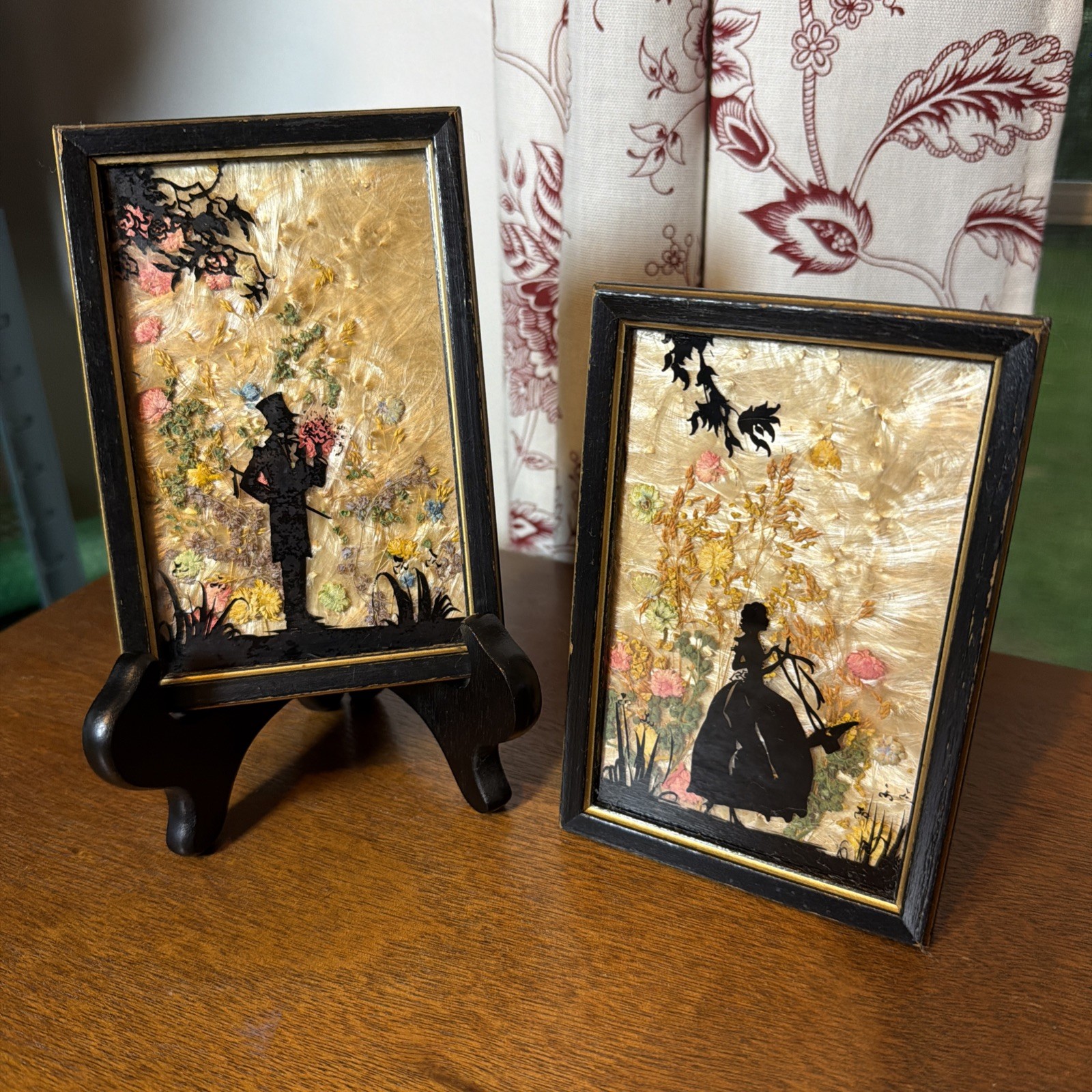 Vintage 1930s Reverse Painted Silhouette Dried Flower Edwardian Style Framed Art