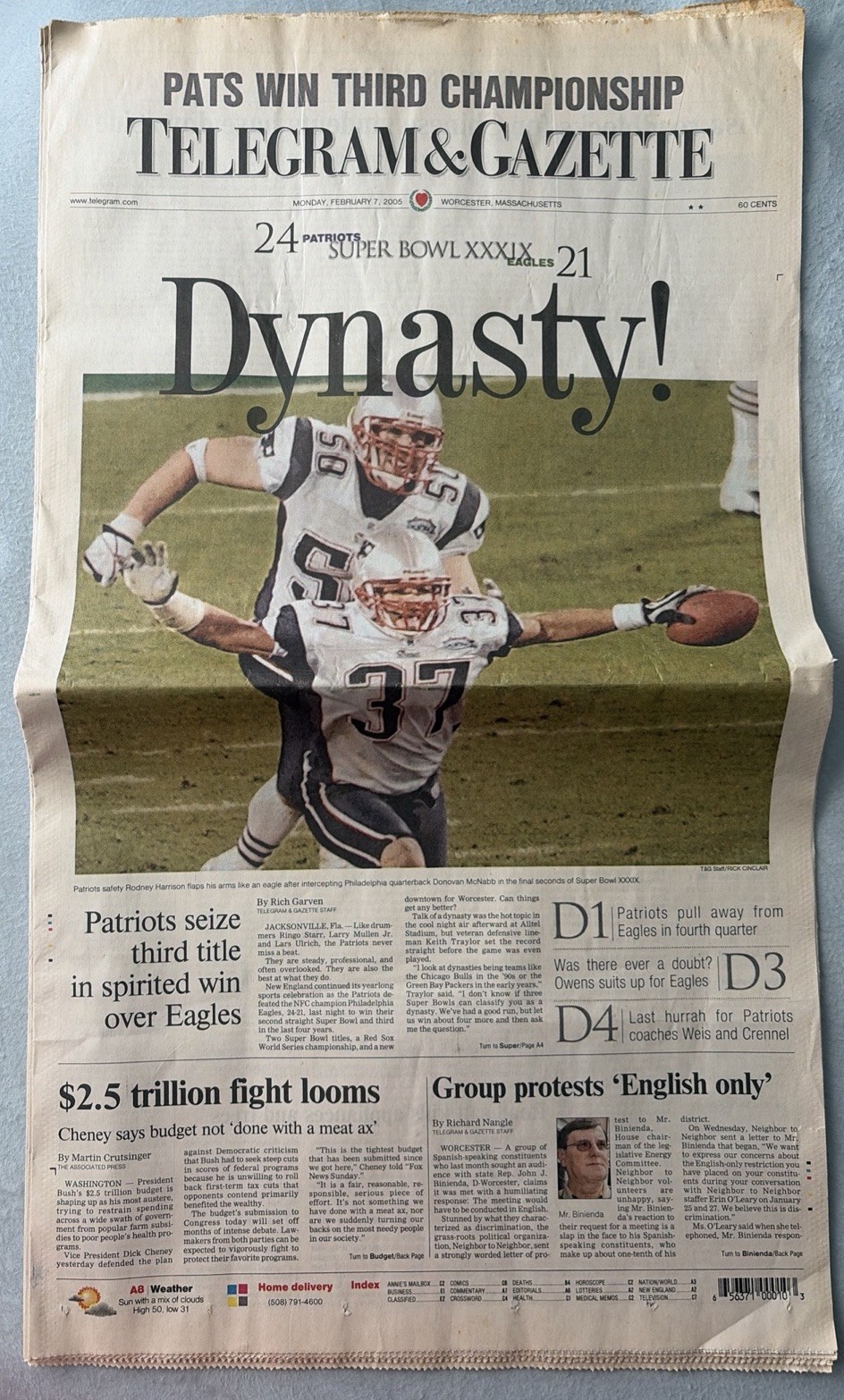 Telegram & Gazette Whole newspaper Feb 7, 2005 Patriots win 3rd championship