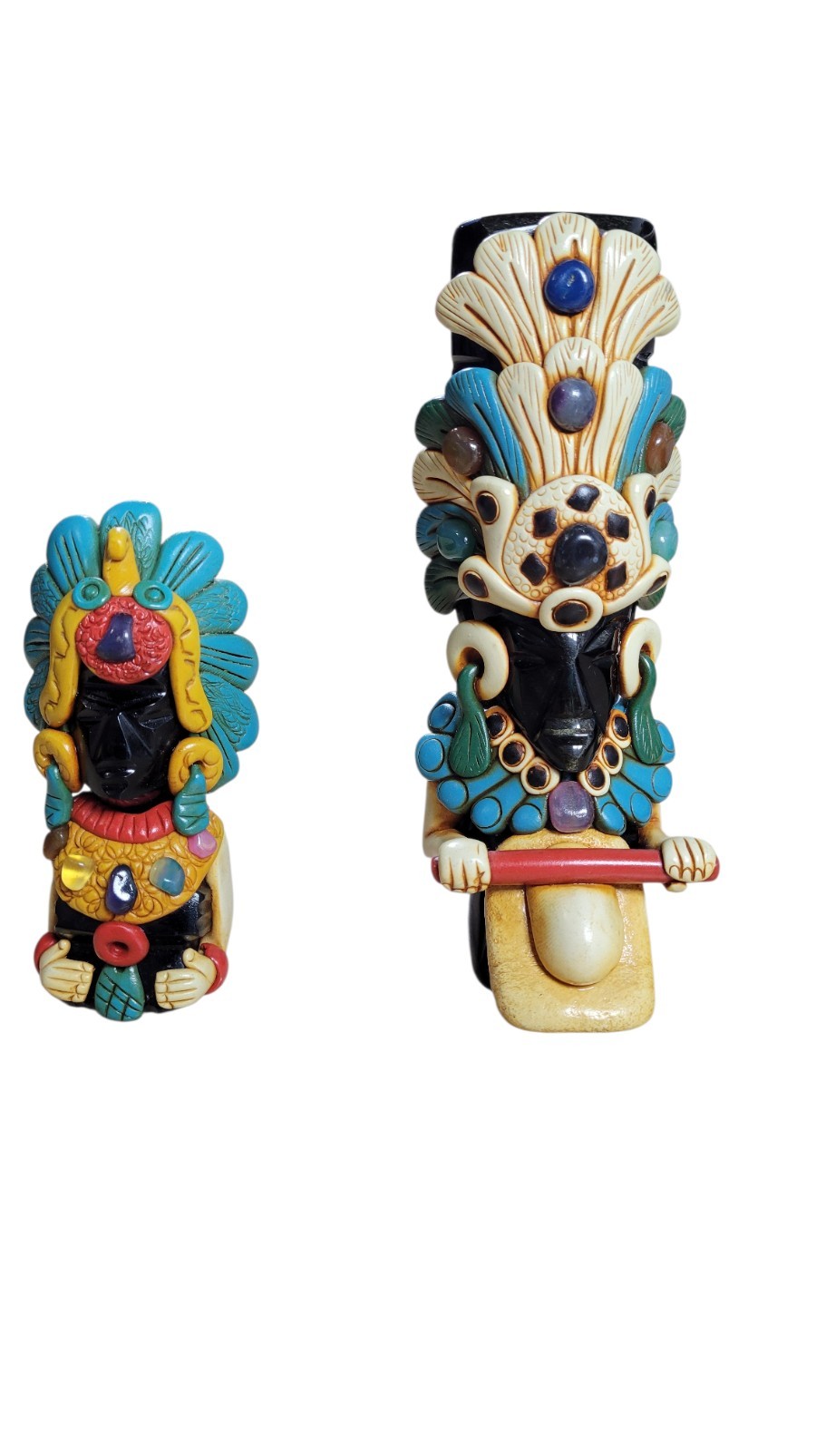 Pair of Solid Obsidian Aztec Warrior Statues 6in and 3in