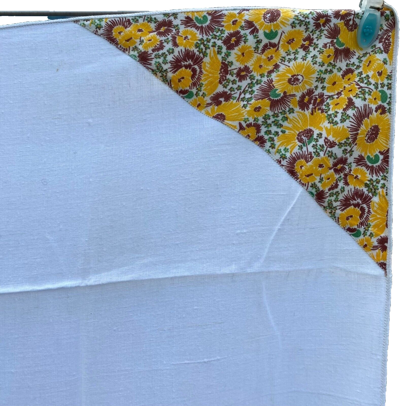 Vintage Farmhouse Linen Tablecloth Yellow Brown White Floral 32x35 Square
