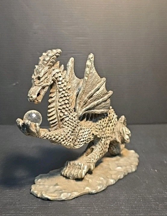Vintage Fantasy Pewter Dragon By Daltec 1988 With Crystal Ball Accent.