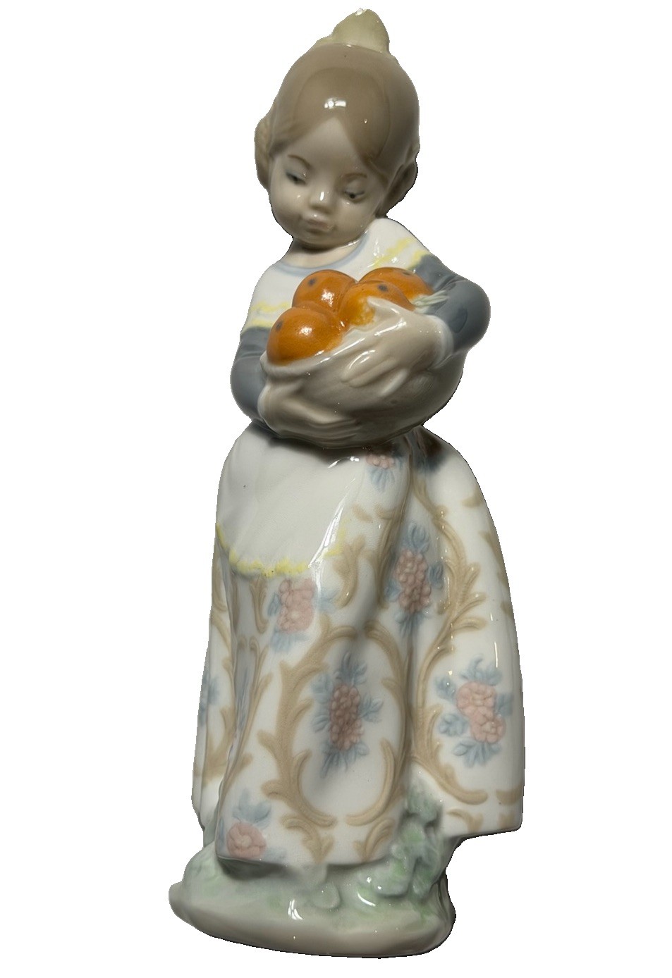 Lladro Figurine Woman Carrying Fruit Basket Glazed Porcelain Spain Blue Mark