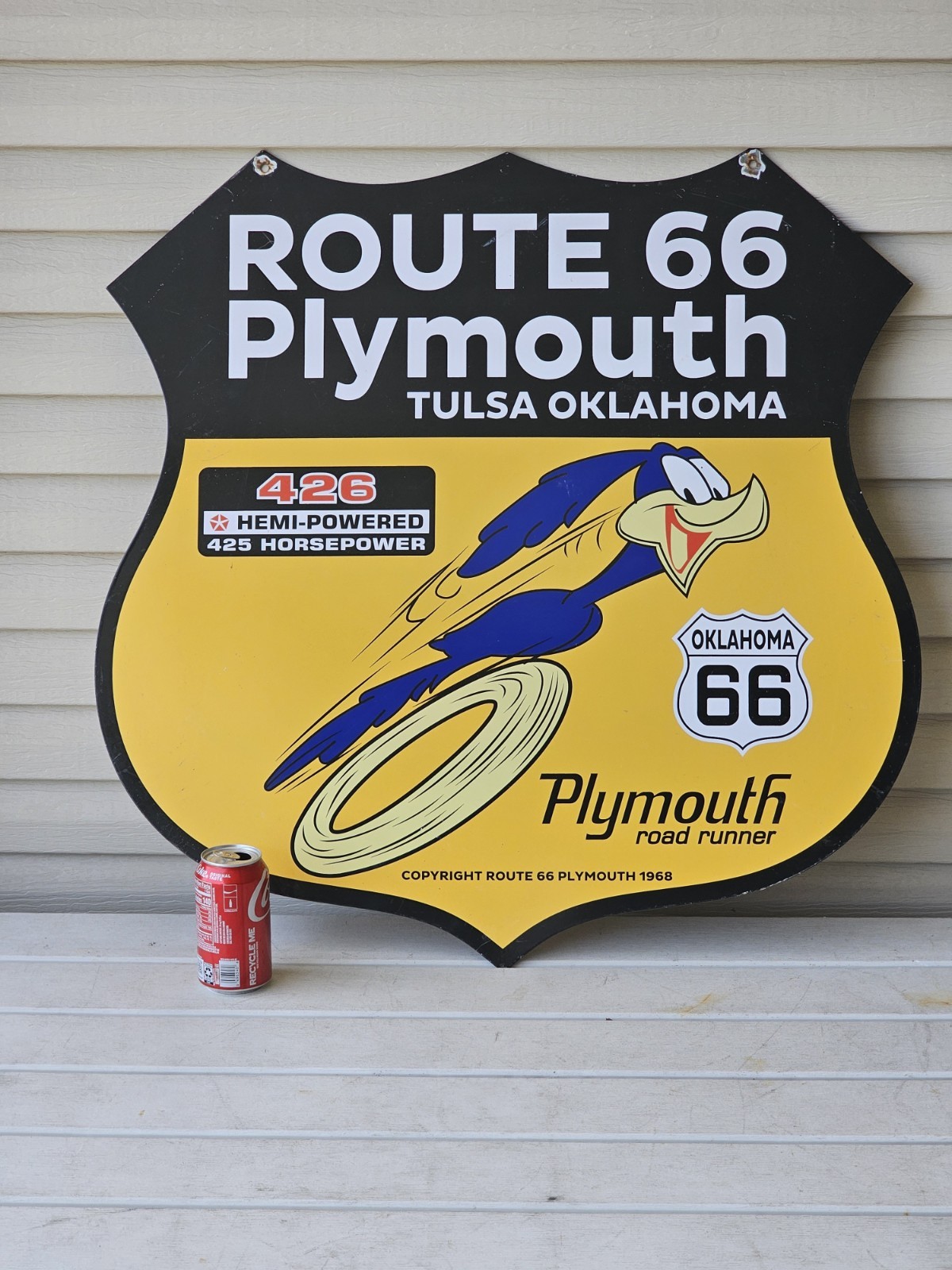 GIANT VINTAGE DOUBLE-SIDED ROUTE 66 PLYMOUTH ROAD RUNNER  PORCELAIN SIGN 30