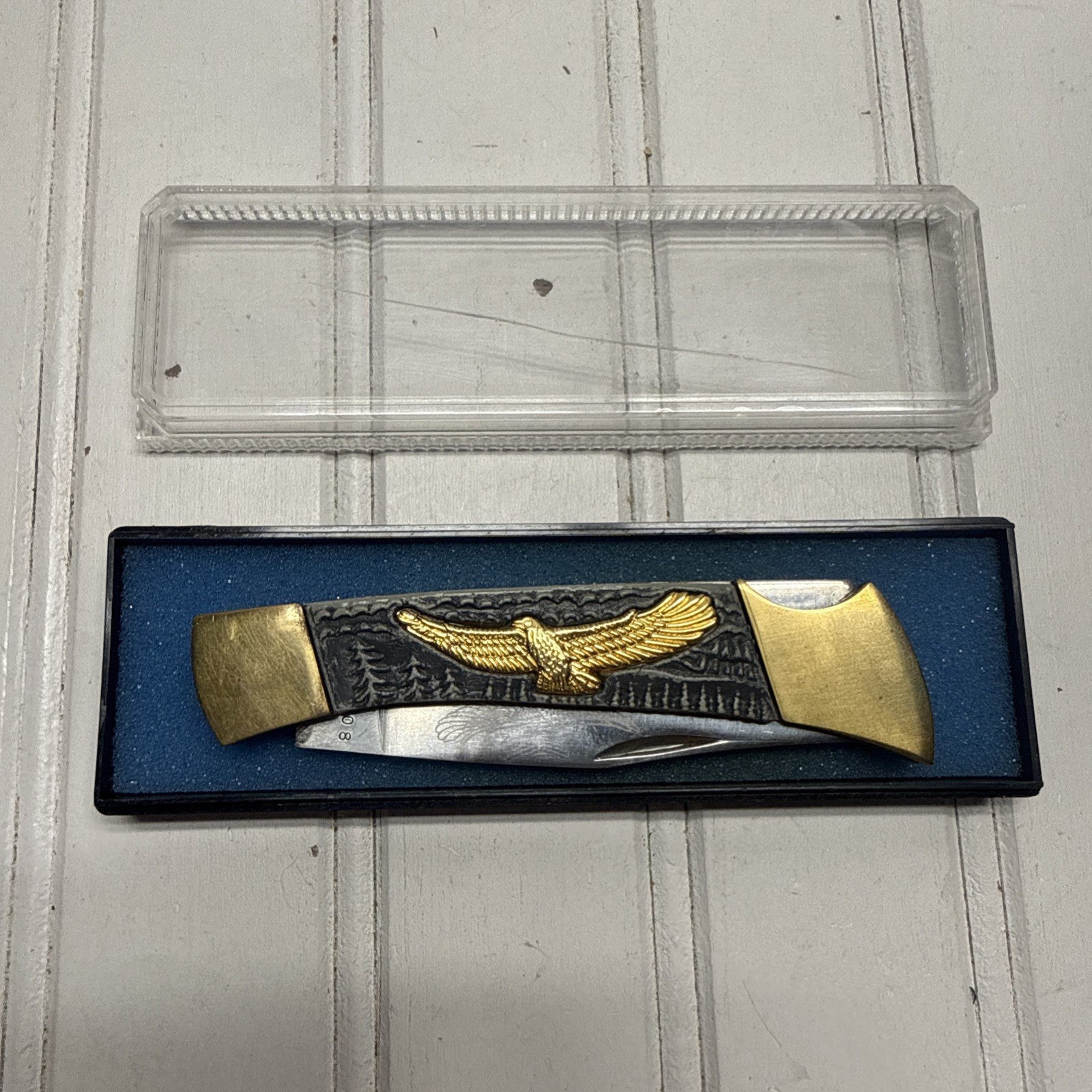 Vintage Eagle Design Pocketknife Metal Handle Stainless Steel Silver Gold w/Box*