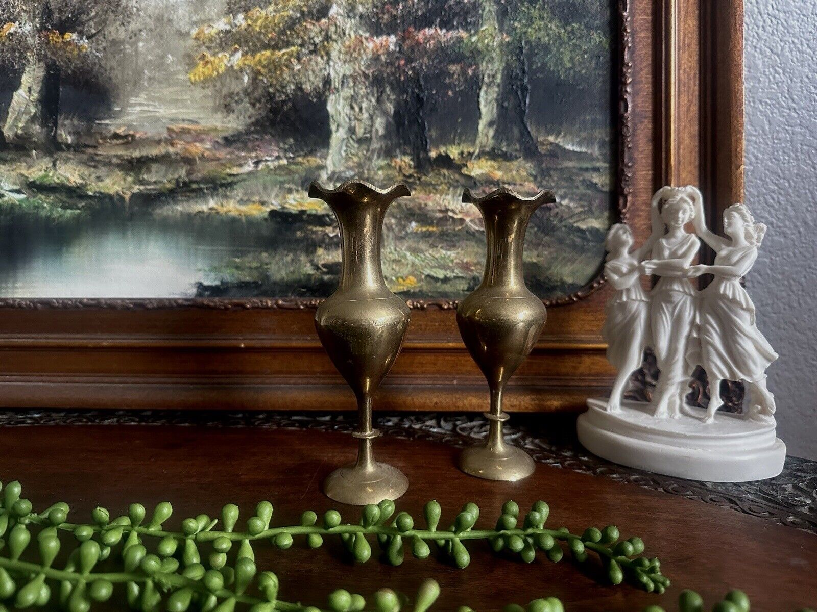 Vintage Solid Brass Indian Made Fluted Pedestal Flower Vases Pair of Two