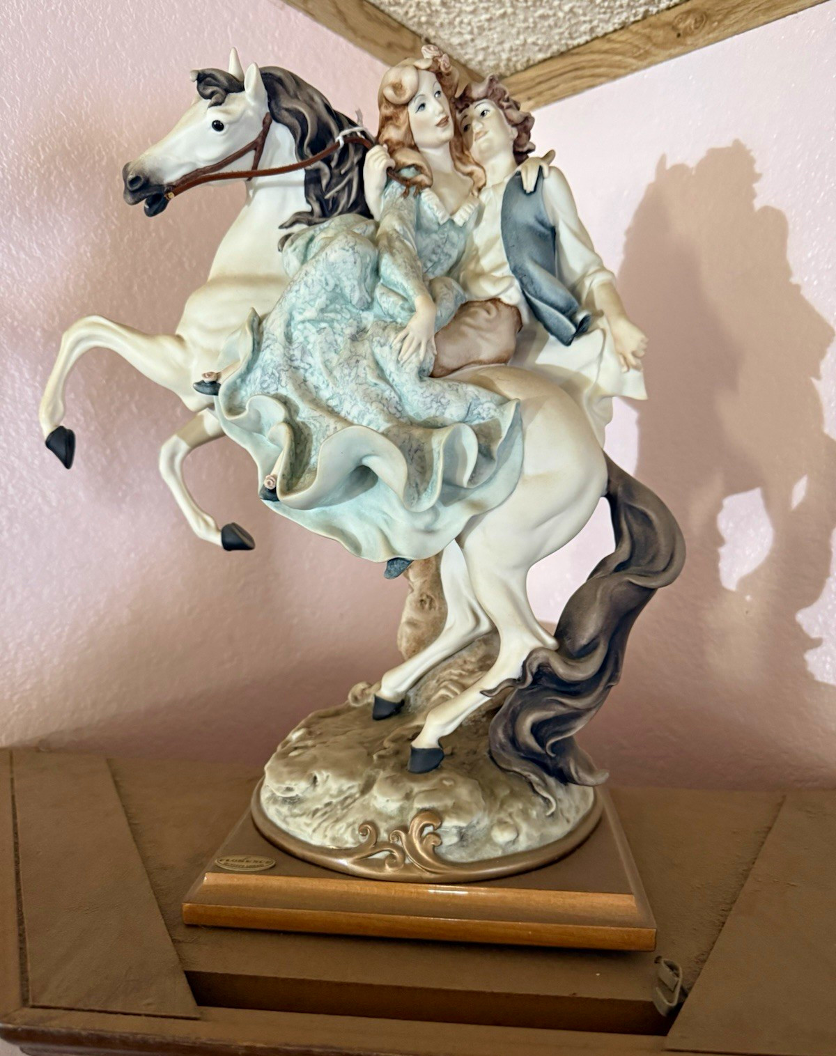 Florence by Giuseppe Armani 1983 Signed Porcelain Couple on Horse Wood Base