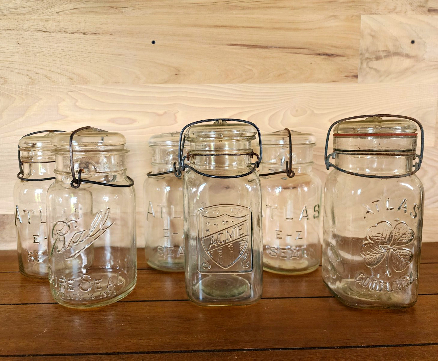 6 Vintage Glass Lid Wire Jars Incl Atlas Good Luck, ACME, Atlas, Ball 