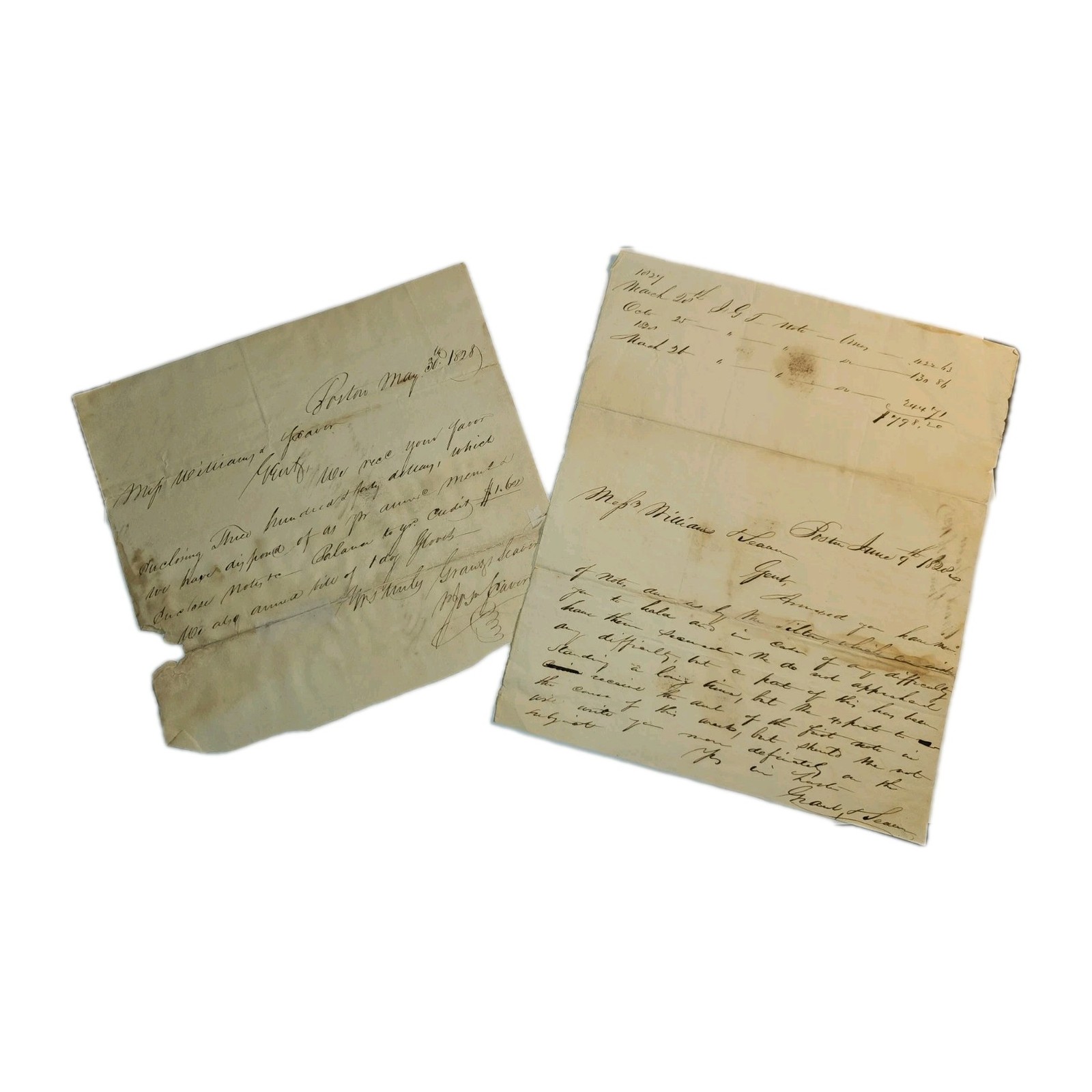 1828 Boston to Dover NY Stampless Letters Williams & Seaver 2pc