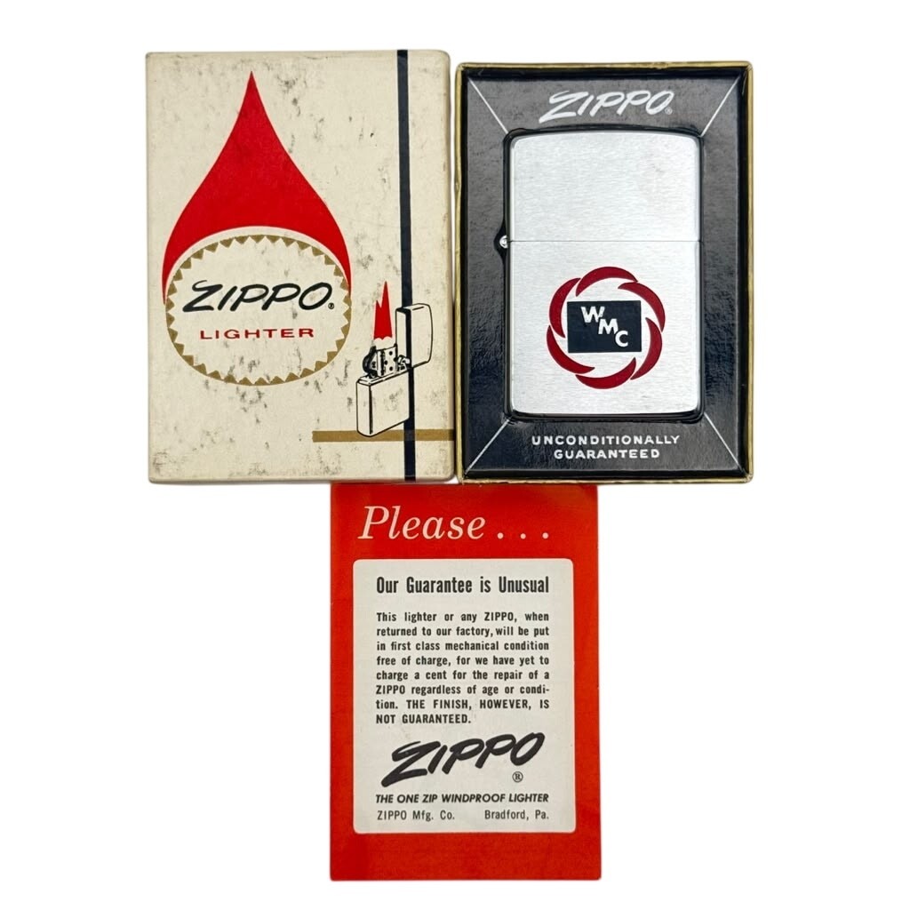 Zippo 1965 WMC Logo Red Circular Emblem Advertising Lighter Box & Paper Zippo 1965 WMC Logo Red Circular Emblem Advertising Lighter Box & Paper