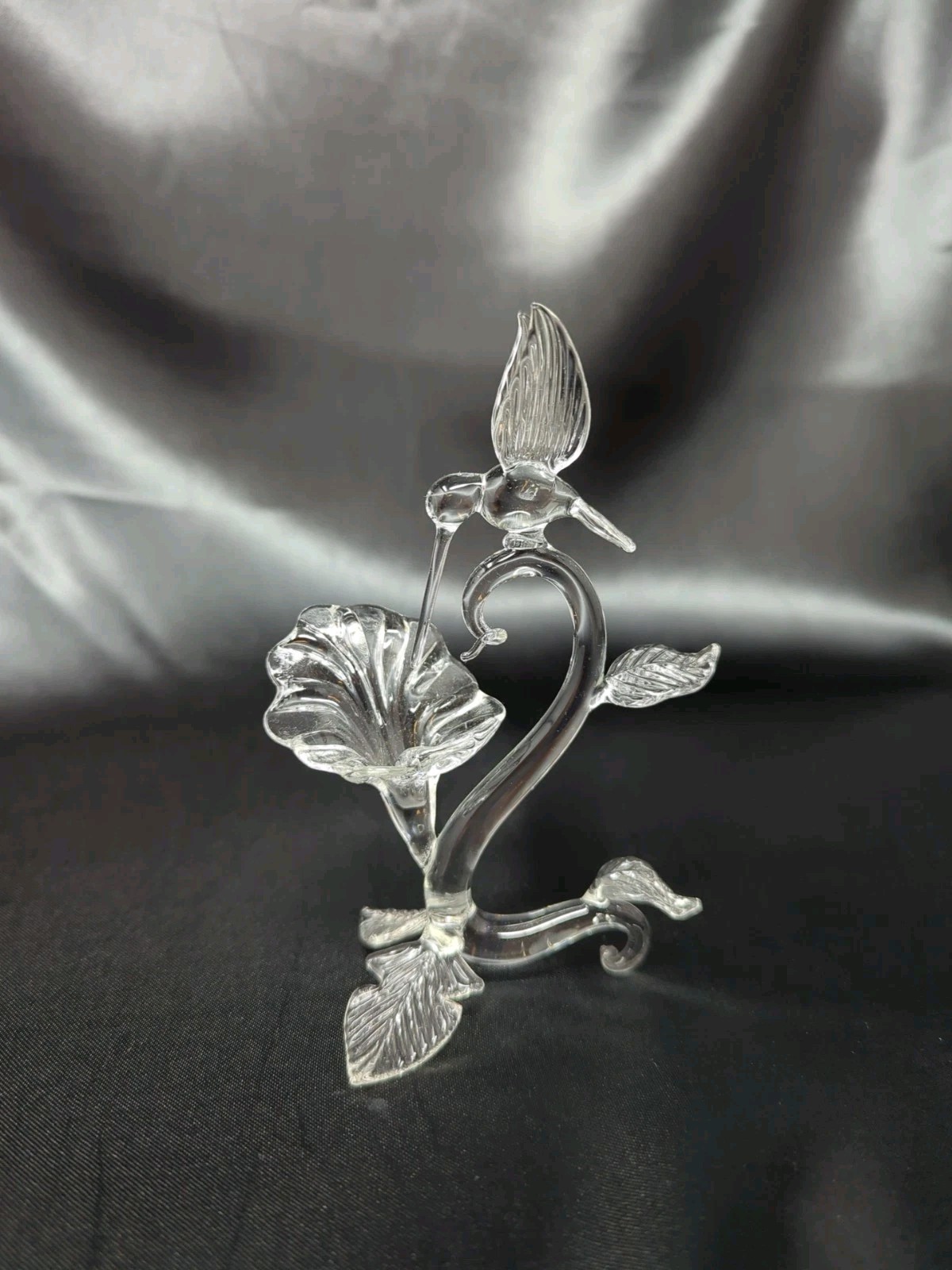 Clear Glass Flower + Hummingbird Figurine Bird Figure Leaves New
