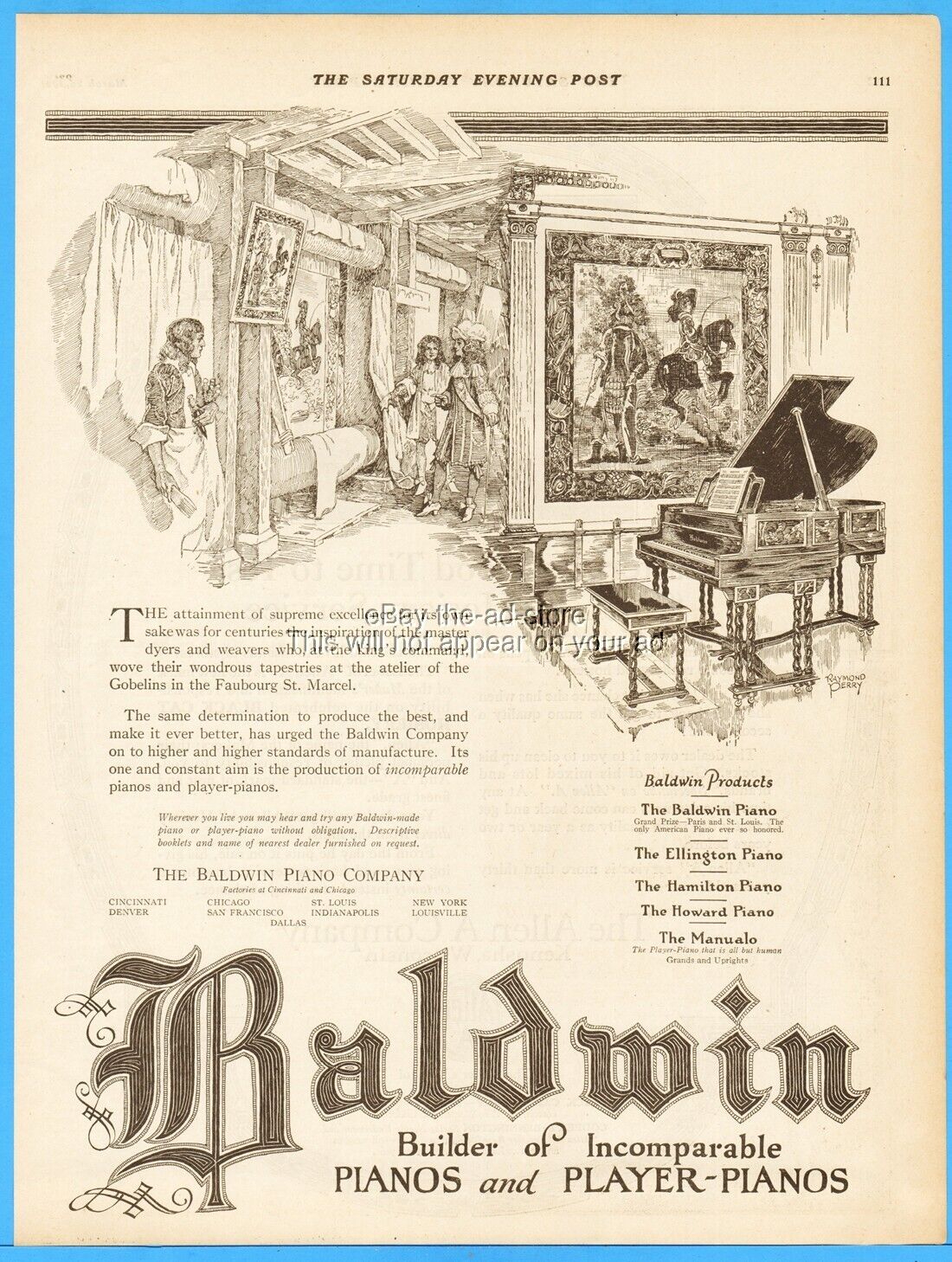 1921 Baldwin Piano Co Cincinnati OH Chicago Gobelins Tapestry Raymond Perry Ad