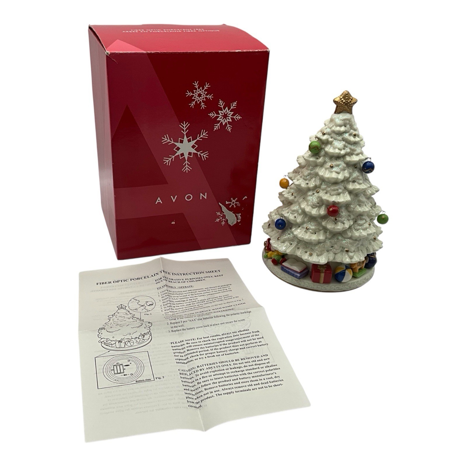 Avon Fiber Optic Porcelain White Christmas Tree w/Decorative Figures and Gifts