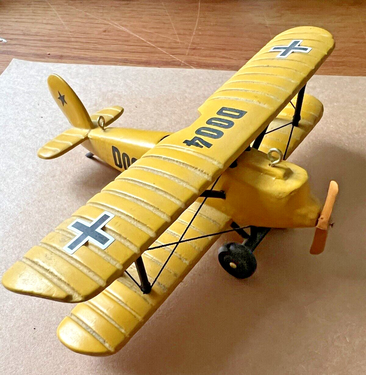 Vintage 1960's-70's Yellow D004 Biplane Wooden Model Airplane
