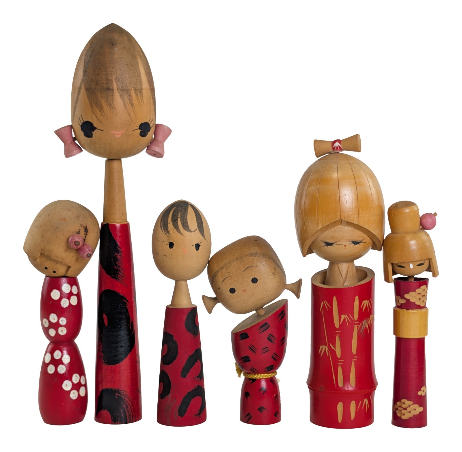 Variety Set of Creative Kokeshi Doll Girls w Red Kimono Designs from Japan 5-10\