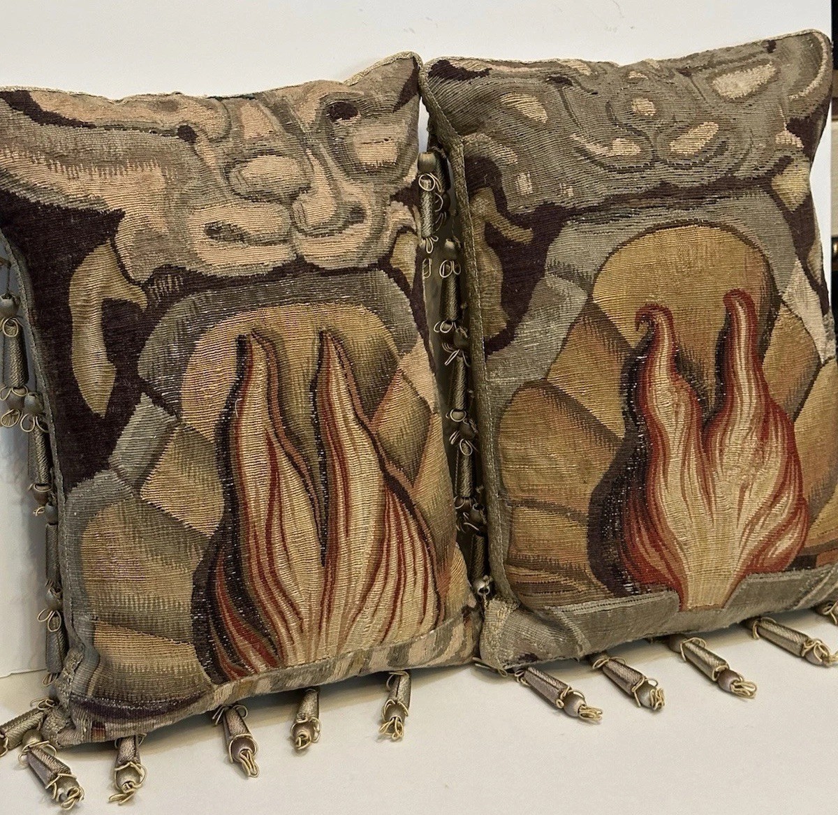 Antique set RARE 19th Century Aubusson Tapestry throw Pillow Featuring Foo Dog