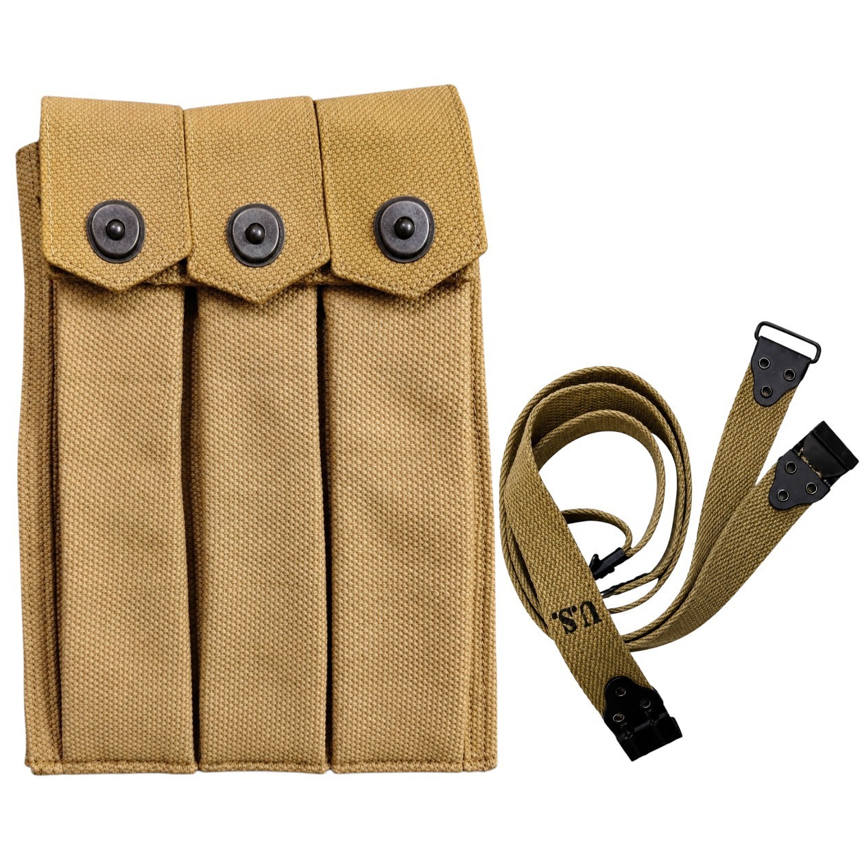U.S USGI WWII Canvas 3 Pocket Thompson Pouch Holder with Thompson Gun Kerr Sling