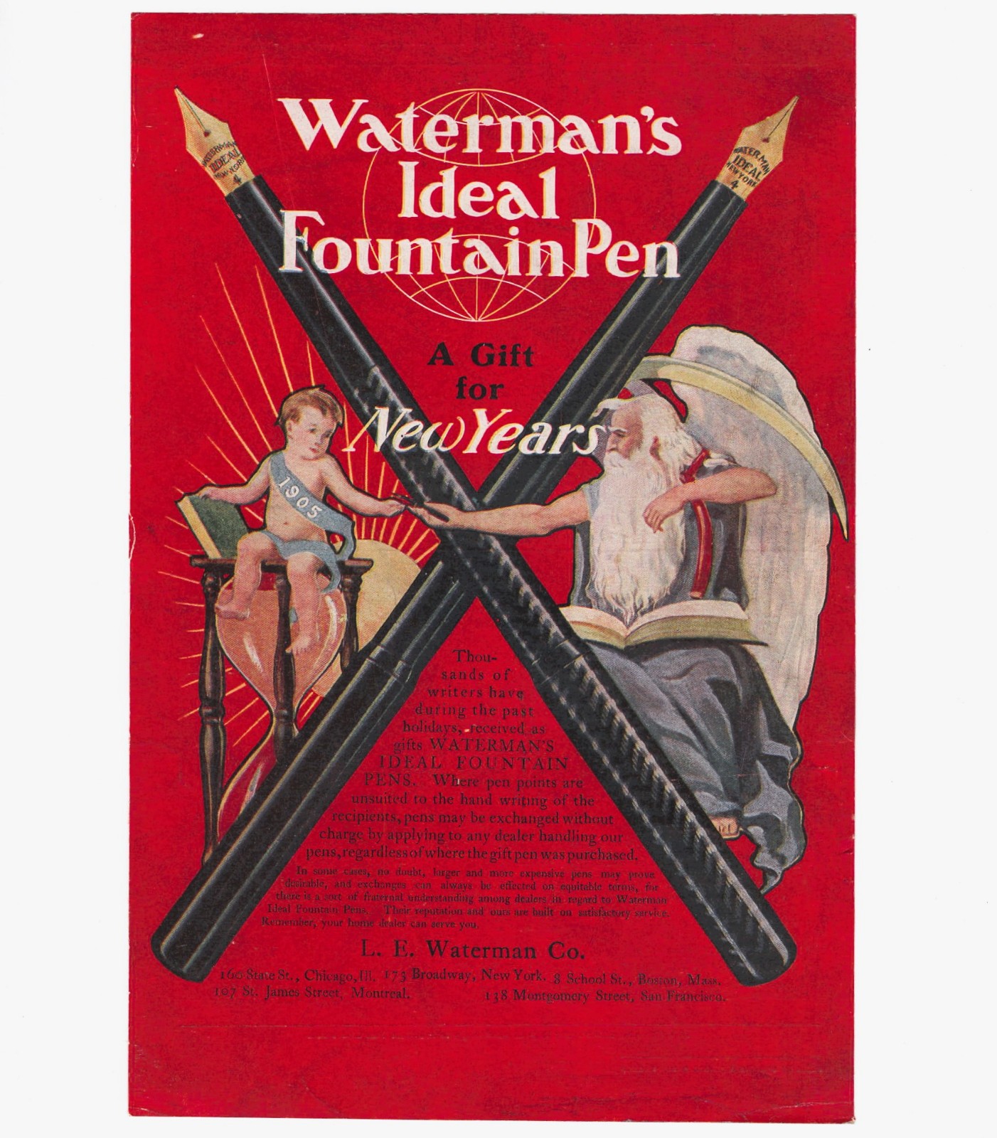 RARE Vintage 1905 Waterman\'s Ideal Fountain Pen Ad Baby New Year Father Time