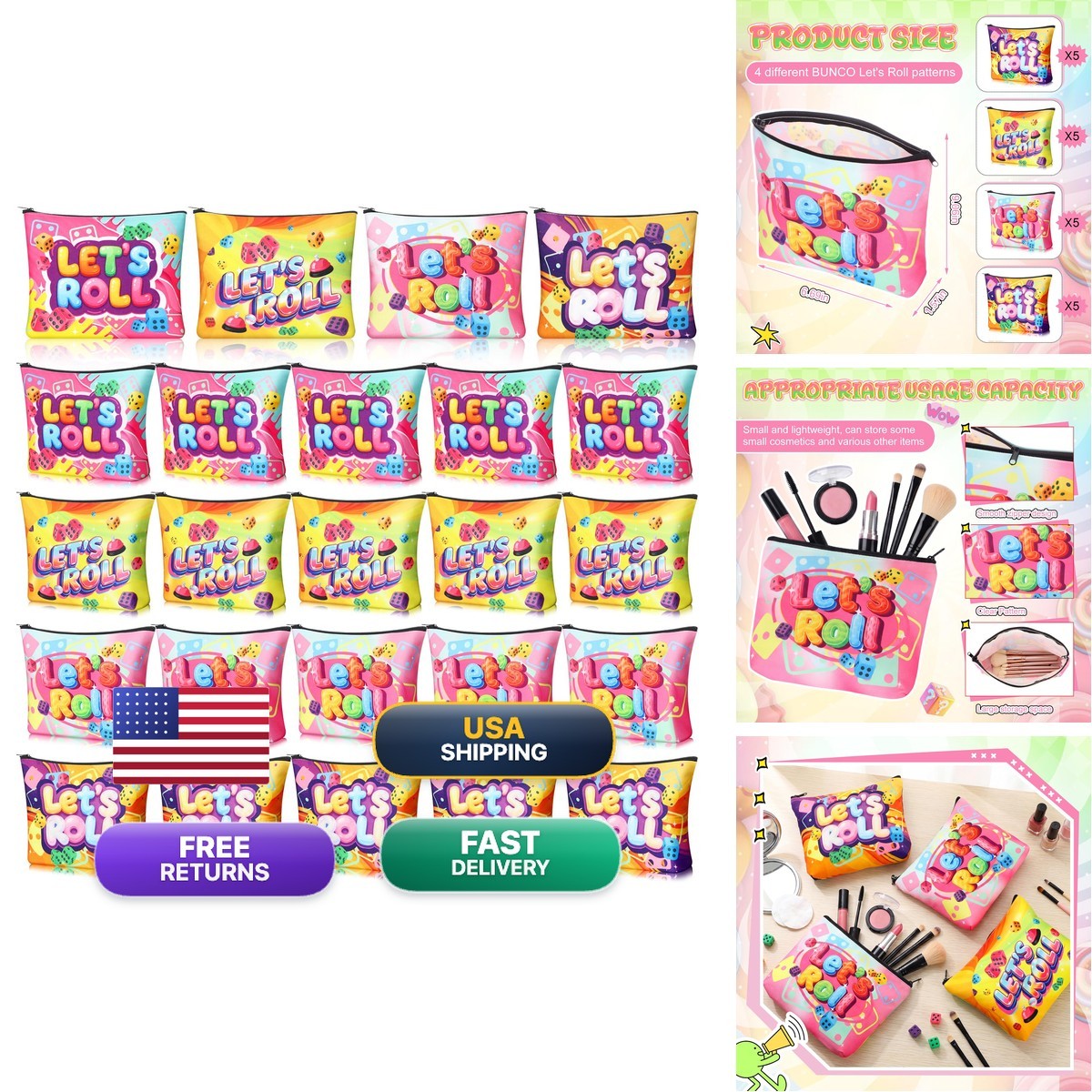 SilTriangle 20 Pcs Bunco Gifts Women Bunco Makeup Bags Let\'s Roll Game Makeup