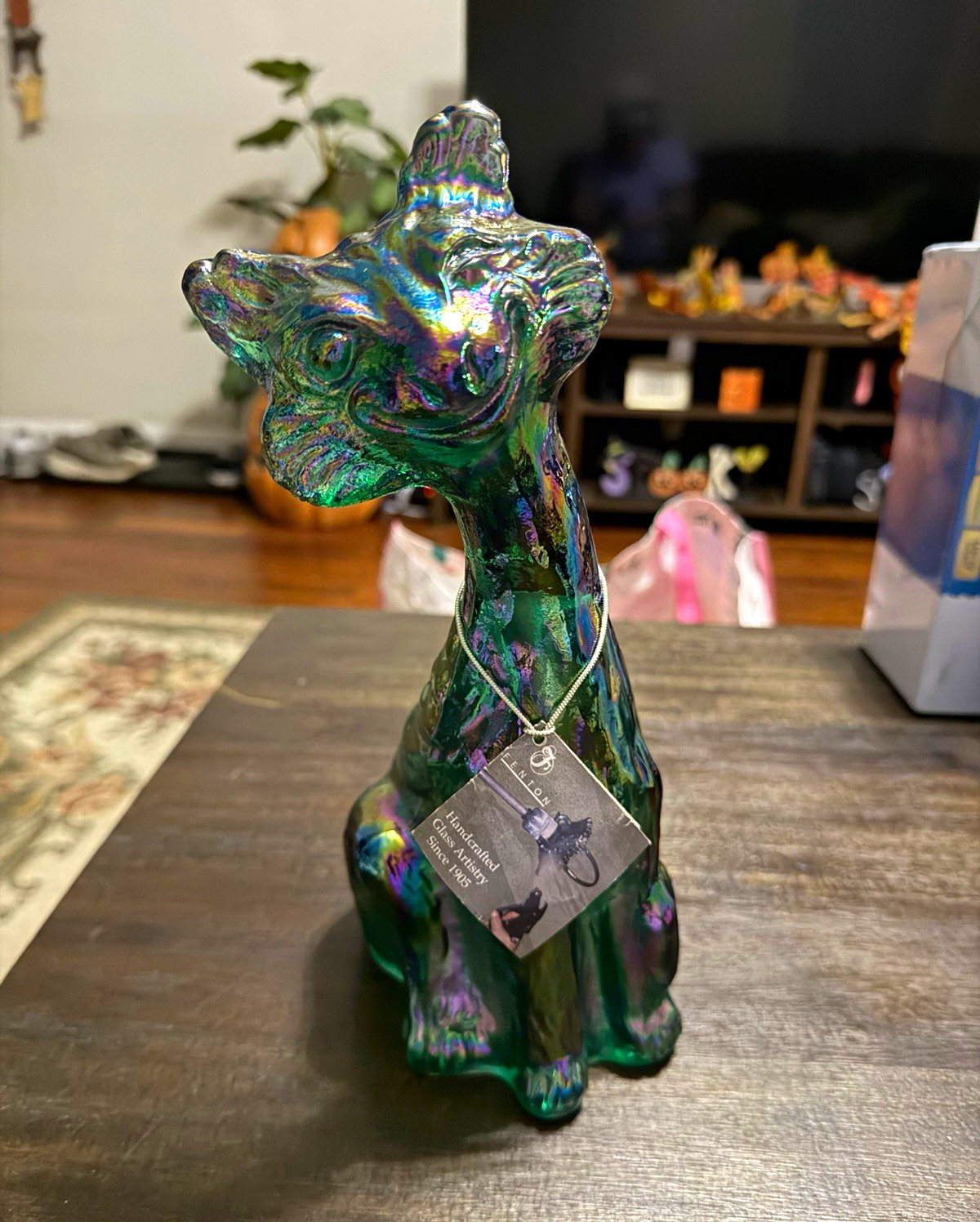 Fenton Iridescent Carnival Glass Winking Cat Figurine Handmade Glass Made in USA
