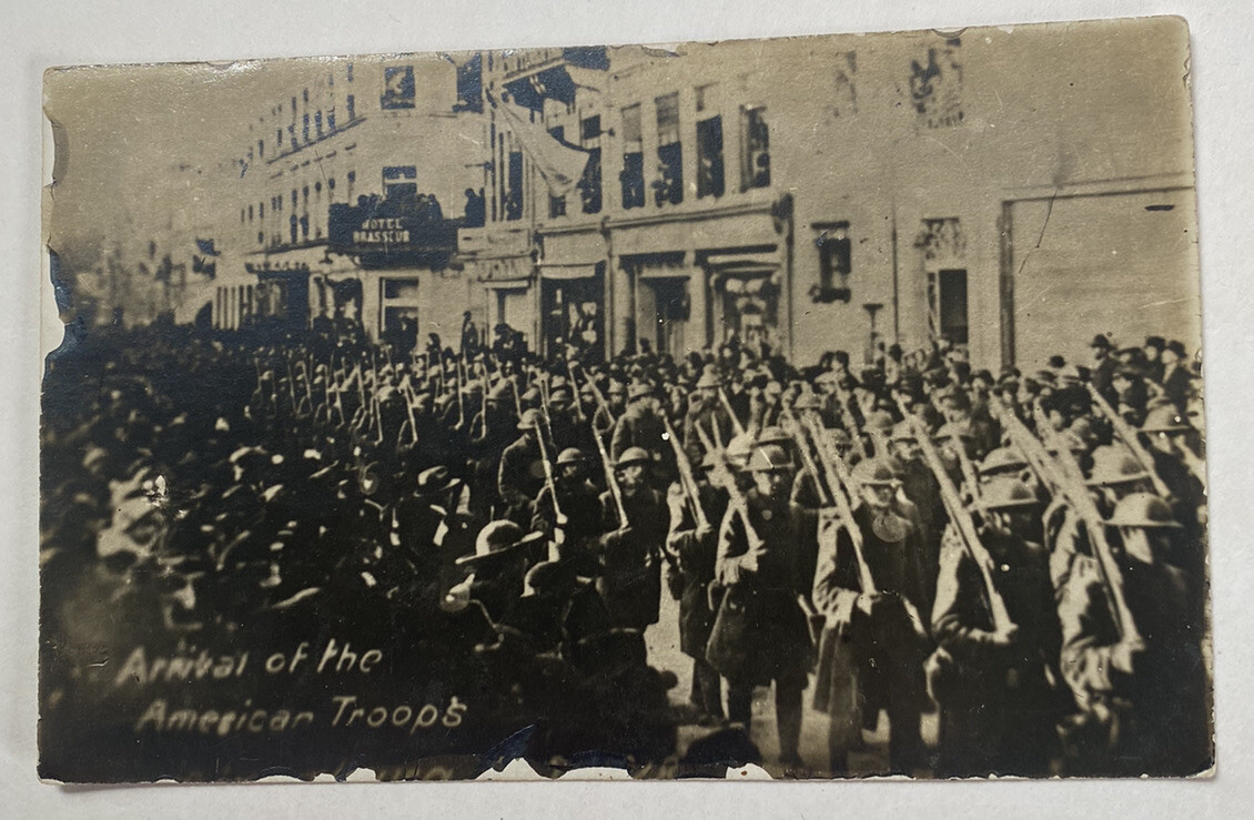 Arrival of American Troops in Luxembourg 1918 WWI ~ Antique RPPC Postcard