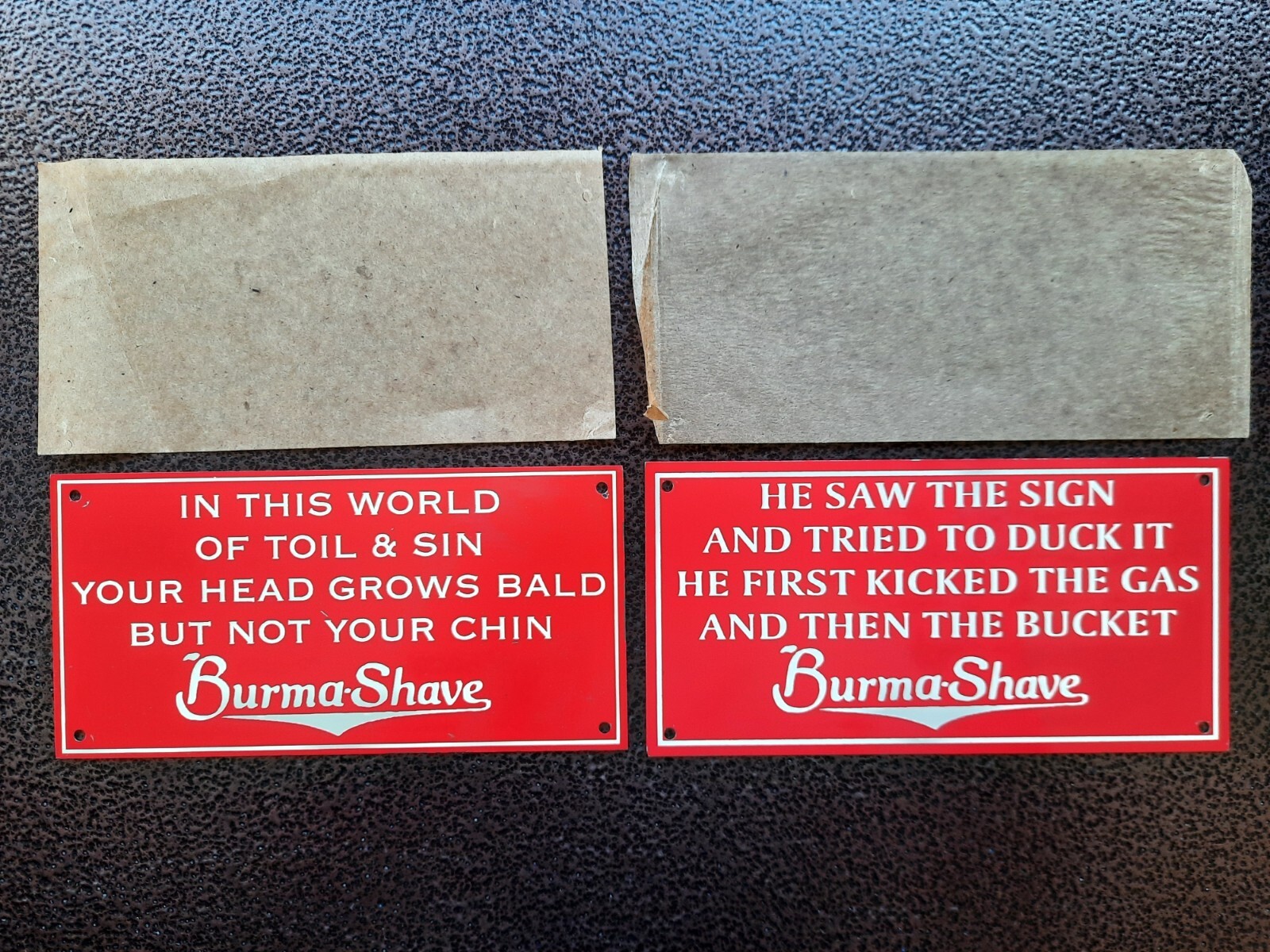 2 NEW OLD STOCK NOS METAL TACKER SIGNS BURMA SHAVE FUNNY QUOTES OLD ADVERTISING