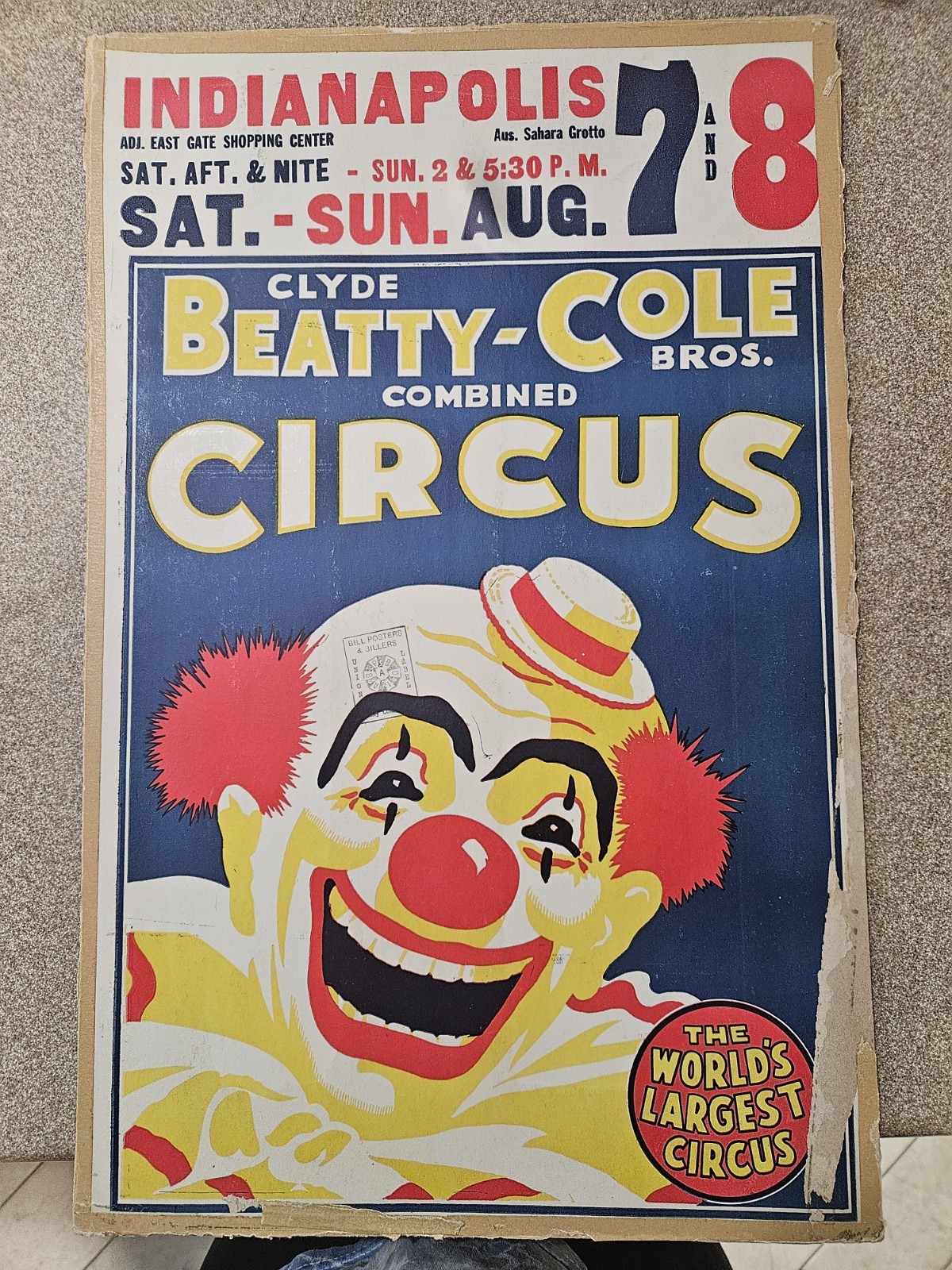 Vtg Clyde Beatty Cole Bros. Circus Poster Indianapolis IN  22” X 14” ORIGINAL