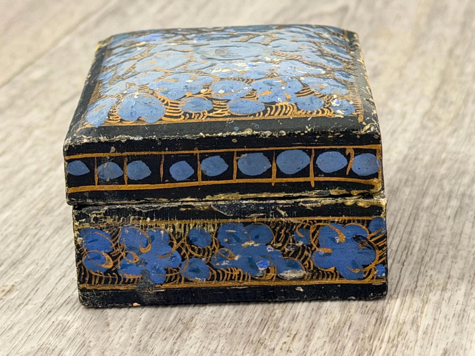 Vintage HandPainted Kashmir Floral Trinket Box Blue & Gold Folk Art Decor Vintage HandPainted Kashmir Floral Trinket Box Blue & Gold Folk Art Decor