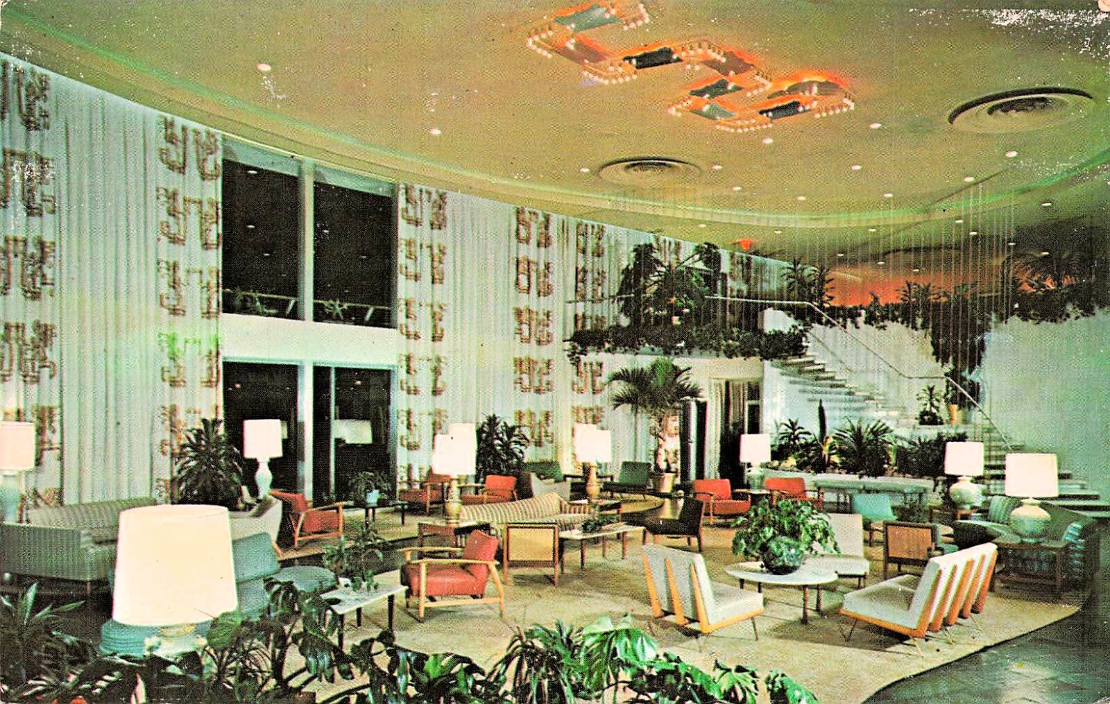 Miami Beach FL Florida Aztec Motel Lobby Interior Sunny Isles Vtg Postcard F12